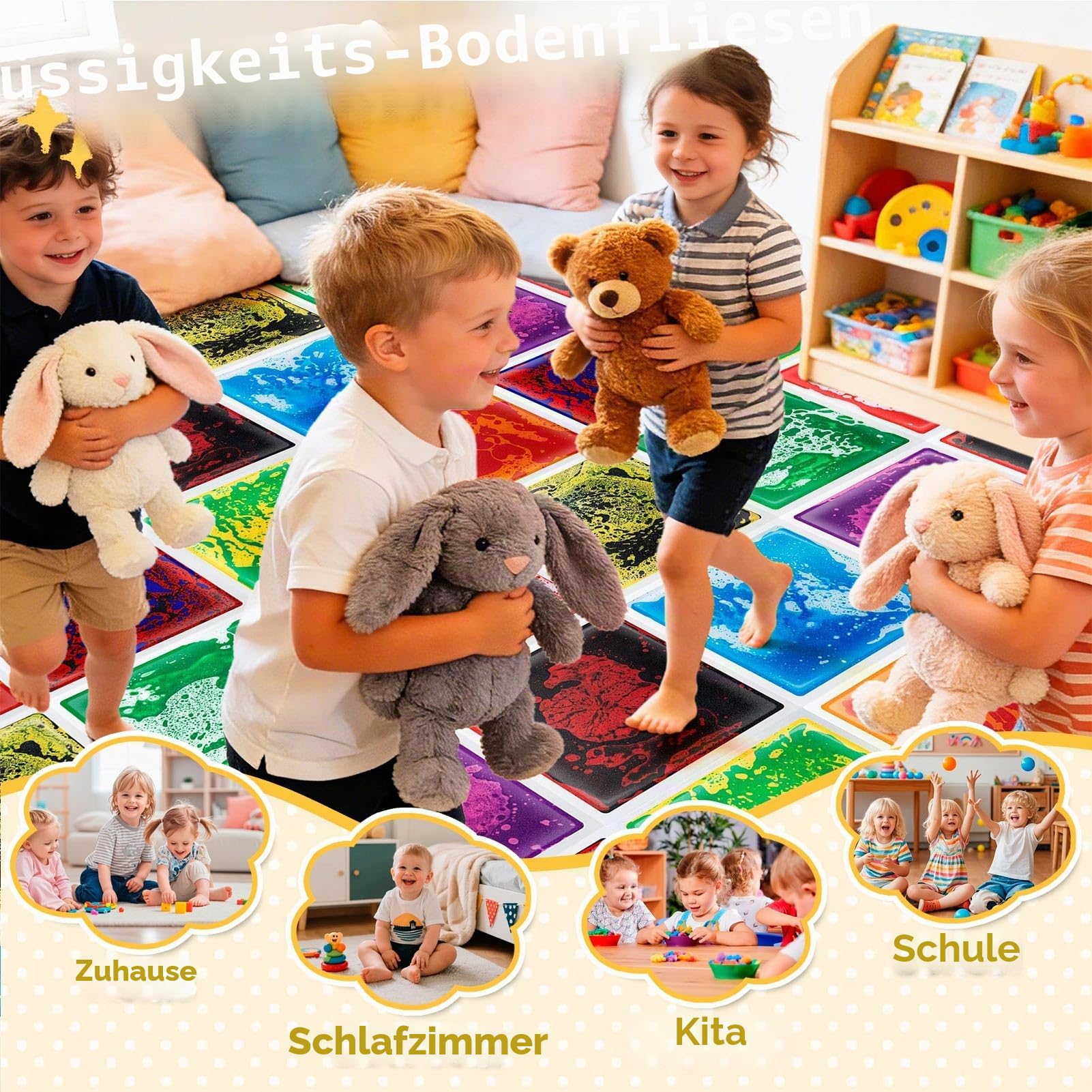 Art3d Flüssige Sensorische Bodenfliesen 30 x 30 cm Spielzimmer Tanzfläche Quadratisch Bunt 6 Fliesen
