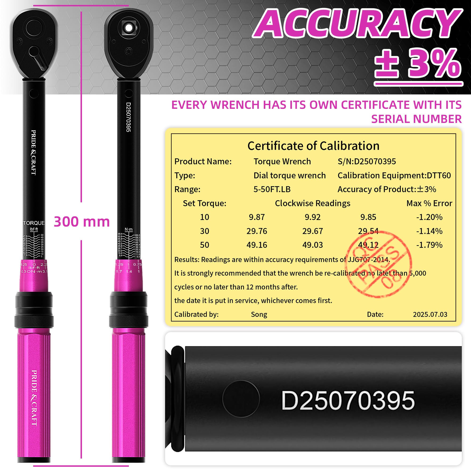 PRIDE&CRAFT Chiave dinamometrica a scatto da 3/8", 3% ad alta precisione regolabile, doppia direzione, 72 denti, 5-50 lbf.ft/6,8-68 Nm, per riparazione di biciclette, moto e auto, rosa nero