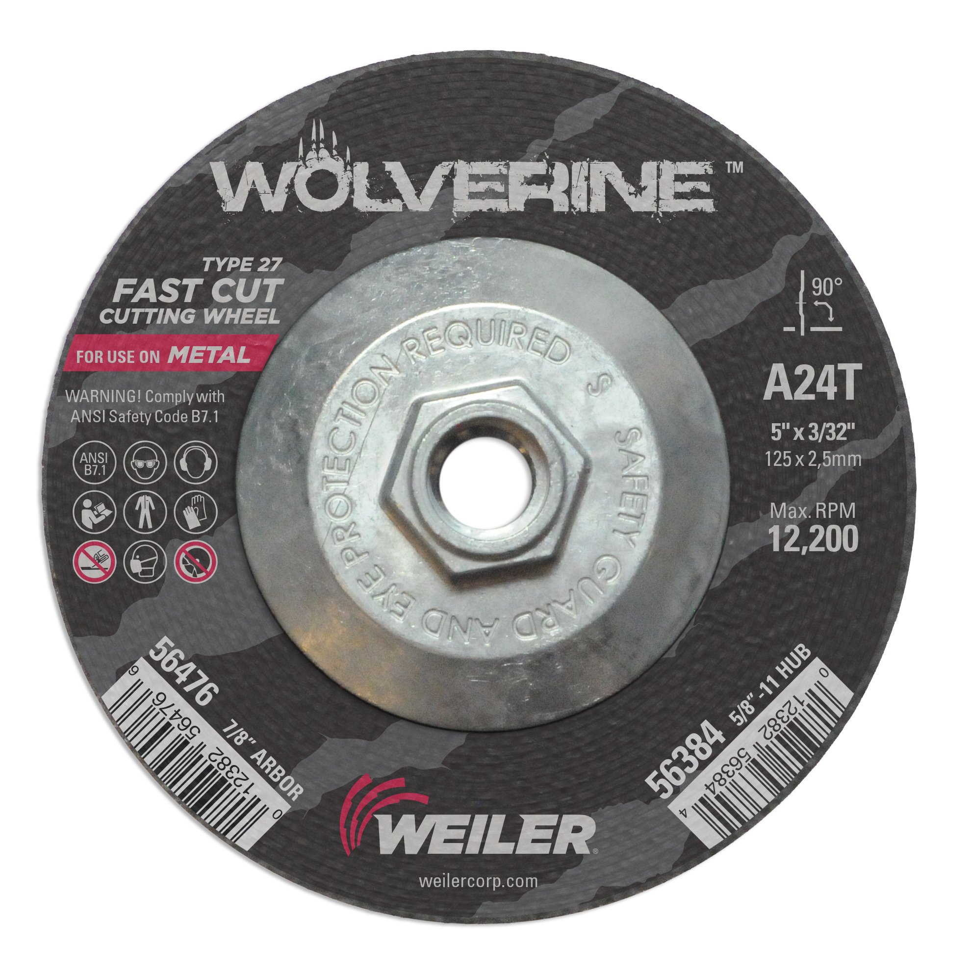 Weiler 56384 5 Inch Cutting Wheel, Wolverine AO Steel/Metal Fast Cutting, 3/32" A24T Type 27 5/8"-11 Hub, Pack of 10