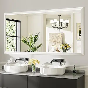 72x36 Inch White Bathroom Mirror for Wall, Thick Metal Framed Rectangle Mirrors for Over Sink, Bedroom, Living Room, Entryway, Anti-Rust, HD Tempered Glass