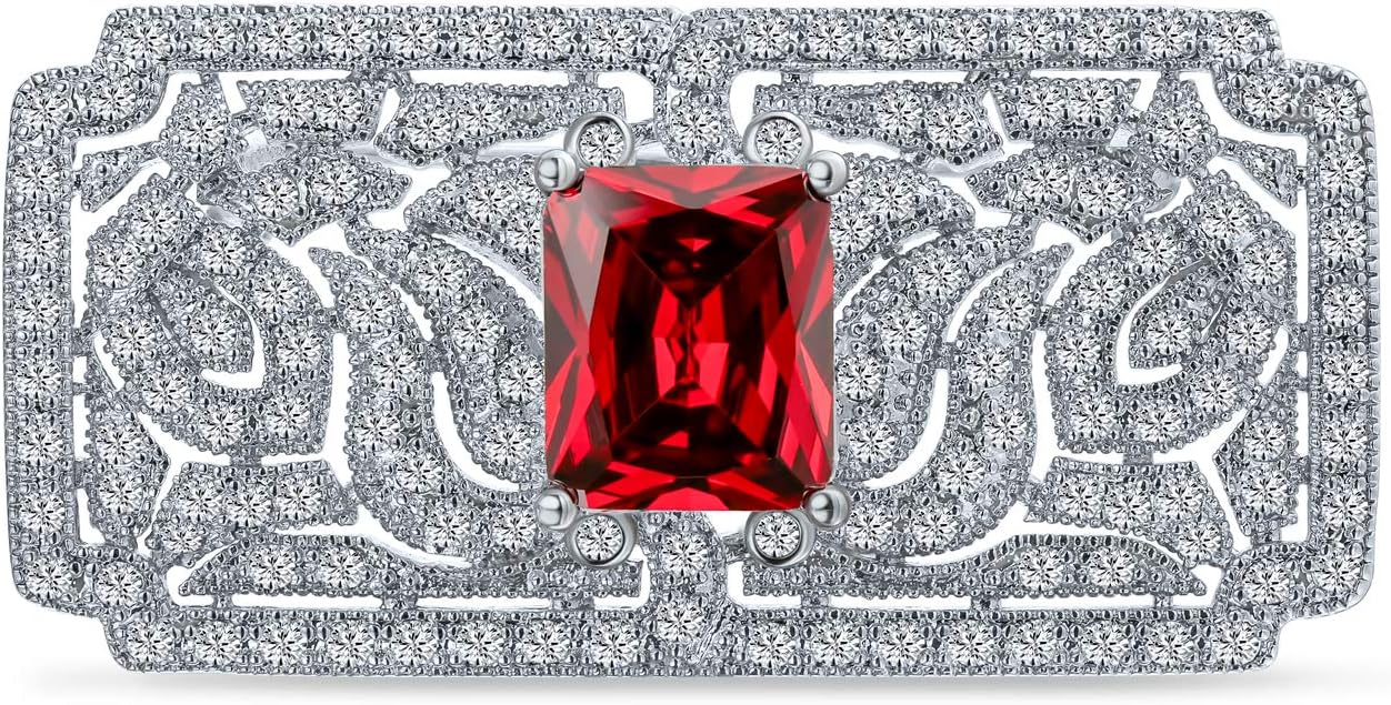 Bling JewelryBig Vintage Estate Jewelry Scroll Cubic Zirconia Simulated Green Emerald Red Ruby Blue Sapphire AAA CZ Rectangle Filigree Statement Art Deco Style Brooch Pin For Women Silver Plated