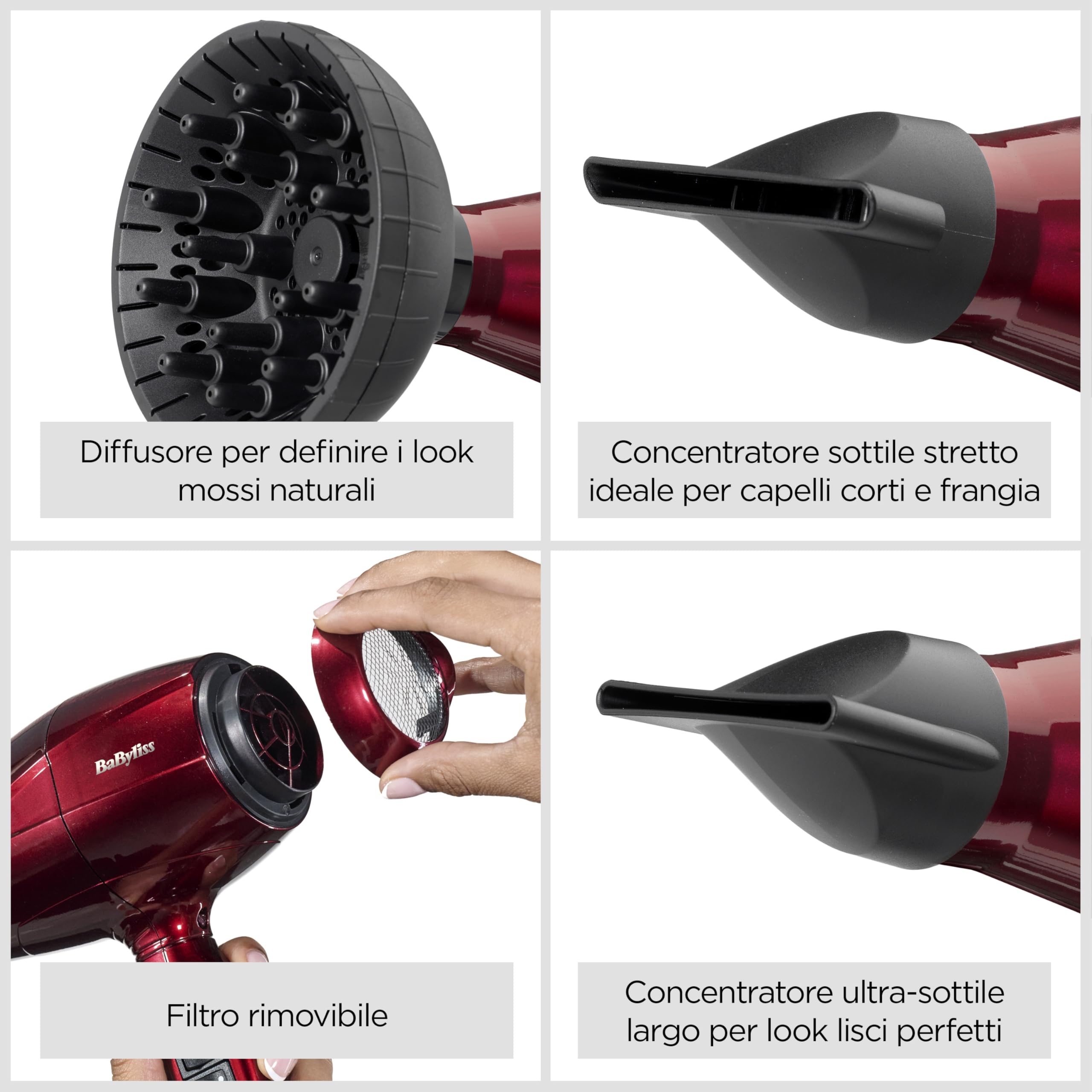 BaByliss Asciugacapelli Made In Italy con Motore Digitale 2200W, Phon Capelli, asciugatura ultra-rapida, funzione ionica,3 temperature, 4 velocità, tasto turbo, diffusore, concentratori, rosso, 6001DE