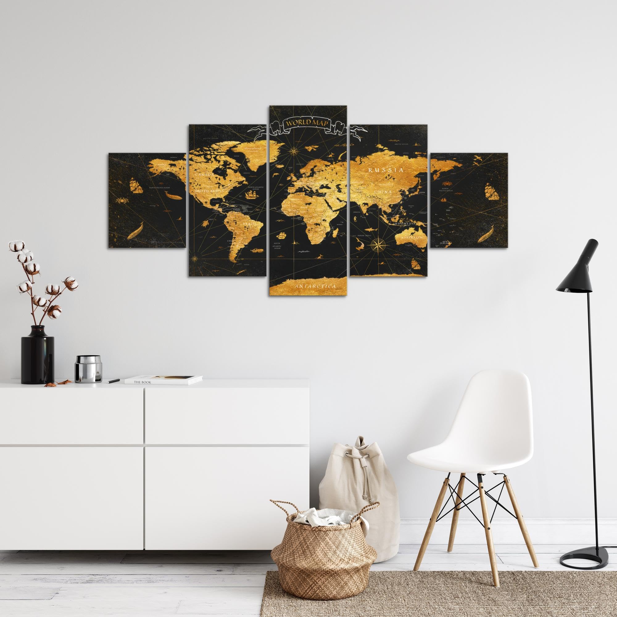 Runa Art - Peinture carte du monde 200L x 100l cm 5 Parties XXL Decoration Murale Dessin Carte mondiale or noir 056451a
