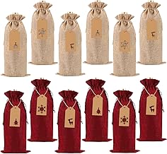 DTYDECLE 12pcs Burlap Wine Bags, Christmas Burlap Jute Wine Bottle Covers Bags with Drawstring Reusable Wines Bottle Bag with Ropes and Tags for Xmas Wedding Party