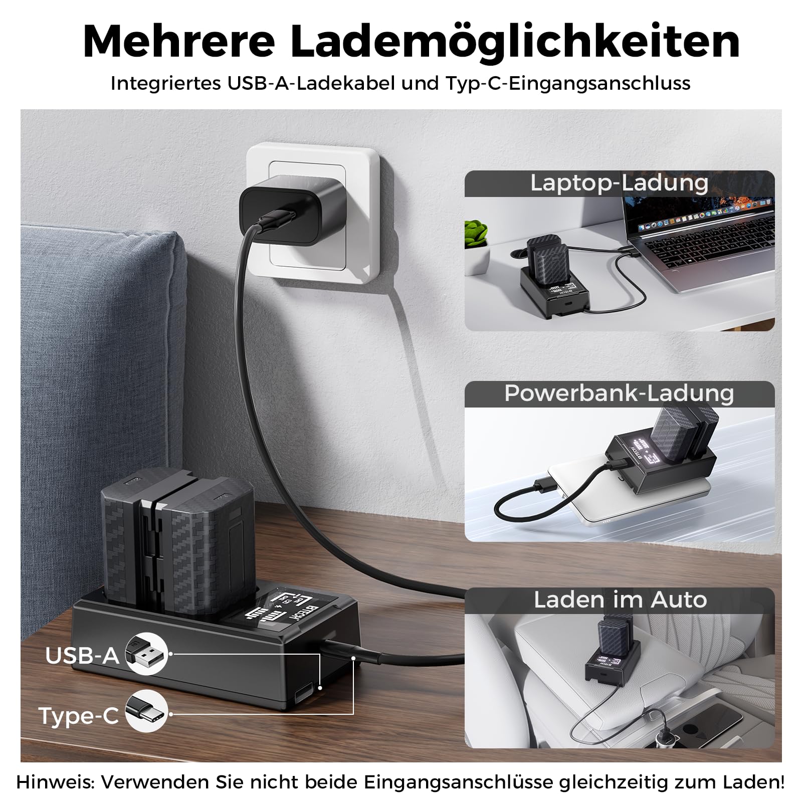 BTECH NP-FZ100 Akku 2600mAh 2er-Pack mit USB-C PD 18W Dual Schnellladegerät, kompatibel mit Sony A7 III, A7 IV, A7R III, A7R IV, A7R V, A7C, A7S III, A9, A6600, A6700, FX3, FX30
