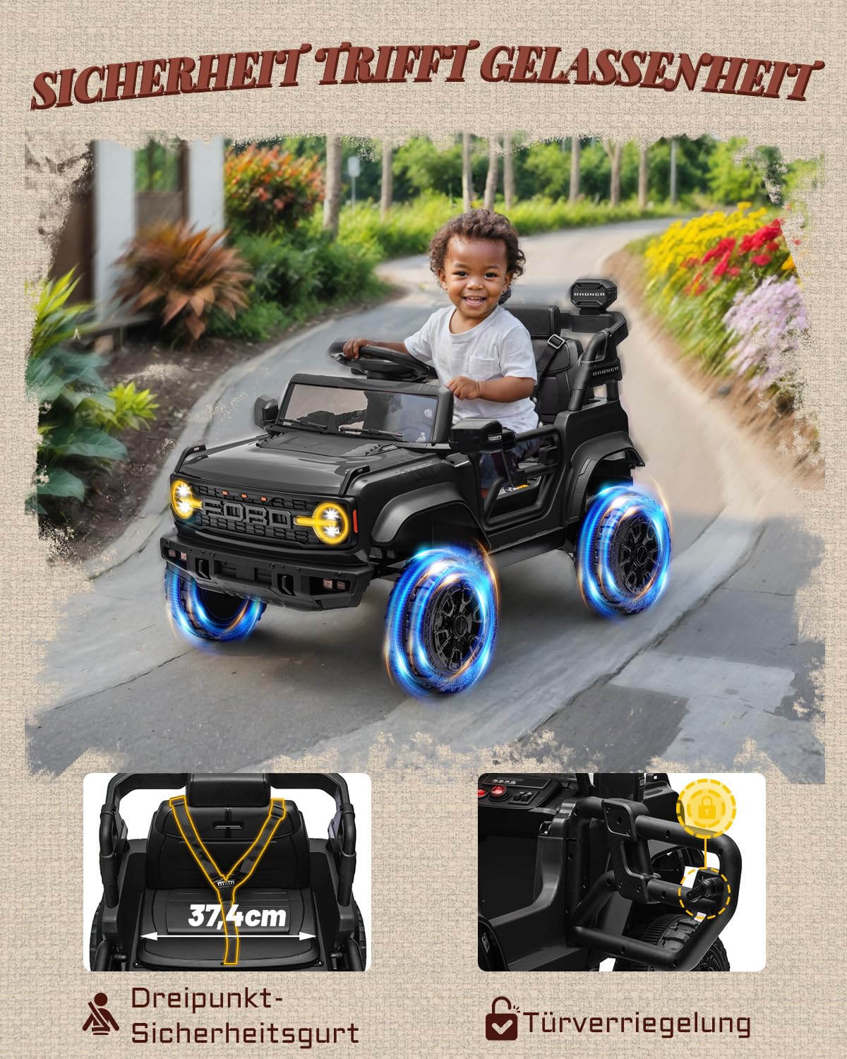 First Ride On Lizenziertes Ford Bronco Raptor 12 V Kinder Elektroauto, Elektrofahrzeug für Kinder mit Doppeltüren und 3-Punkt-Sicherheitsgurt, batteriebetriebenes Kinderauto ab 3 Jahren (Schwarz)