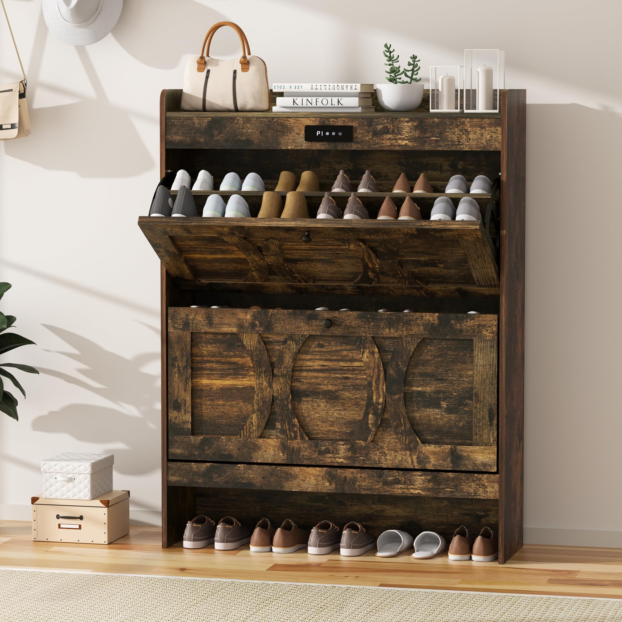 Elevon Deodorizing Shoe Storage Cabinet with 2 Flip Drawers, LED Touchscreen Freestanding Shoe Organizer with Wooden Leg, Narrow Shoe Rack Cabinet for