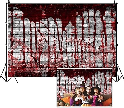 Miniatura 2 de Telón de fondo de pared de ladrillo sangriento de 7 x 5 pies, para Halloween, diseño de salpicaduras de color rojo aterrador, fondo de sangre de