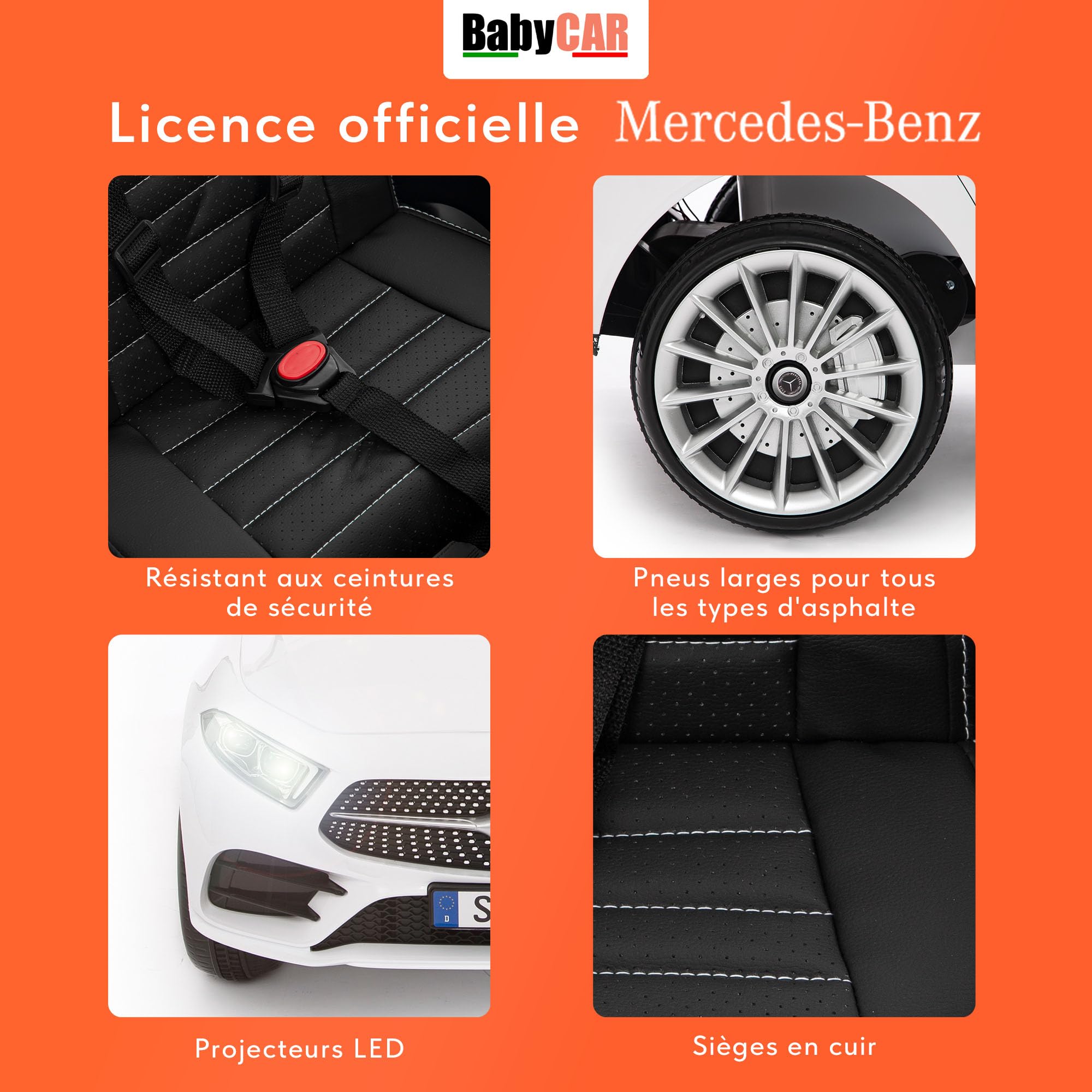 BabyCar Mercedes CLS 350 AMG | Véhicule Electrique 12V avec 2 Moteurs 25W | Voiture pour Enfant avec Télécommande, Siège en Simili Cuir, Portes Ouvrantes, MP3/USB | Mercedes Officiel | Blanc