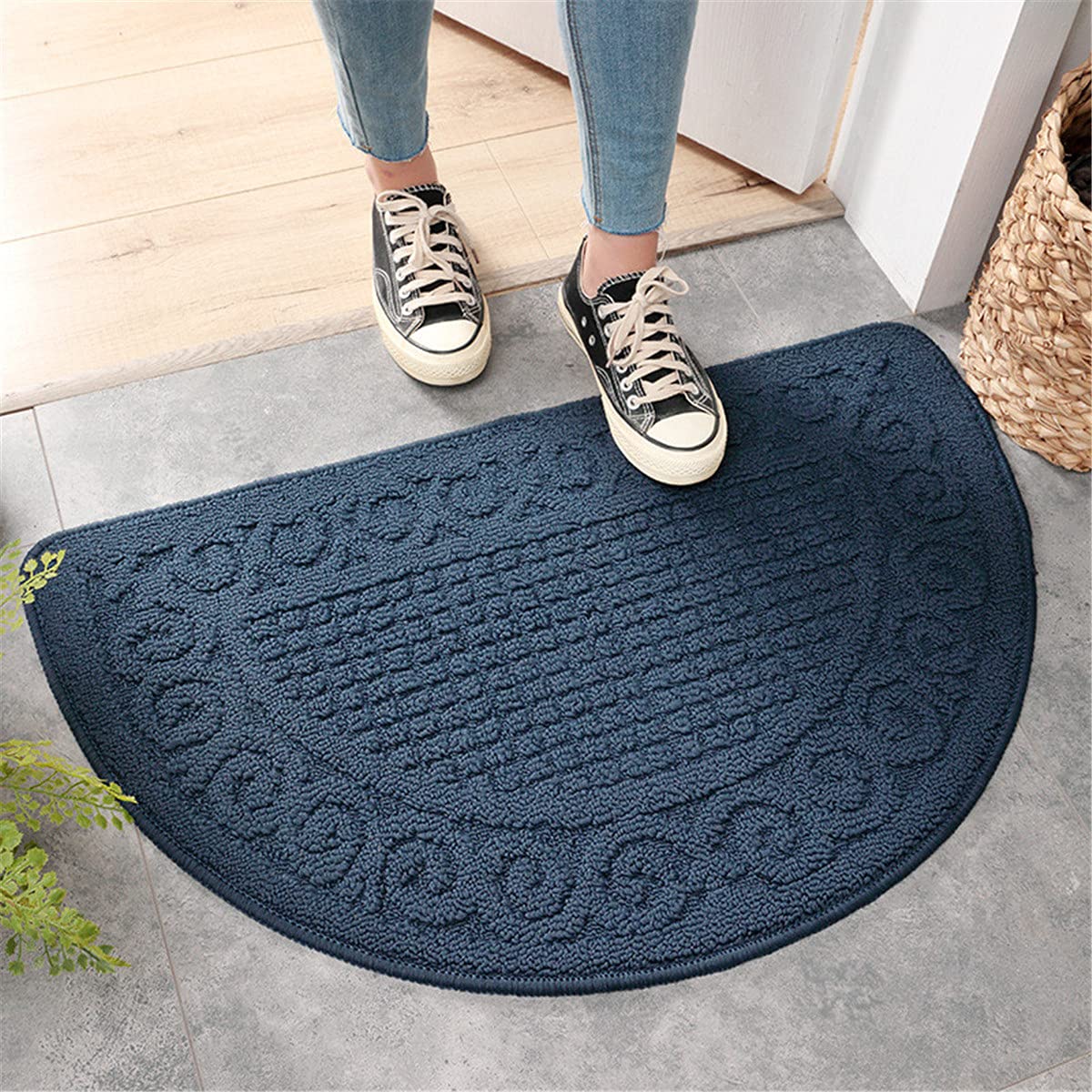 Felpudo Entrada Casa Absorbente, Treer Antideslizante Goma Duraderos Semicírculo Tapetes para Puerta Interior y Exterior, Pasillo, Puerta Trasera Delantera (Azul Oscuro,48x78CM)