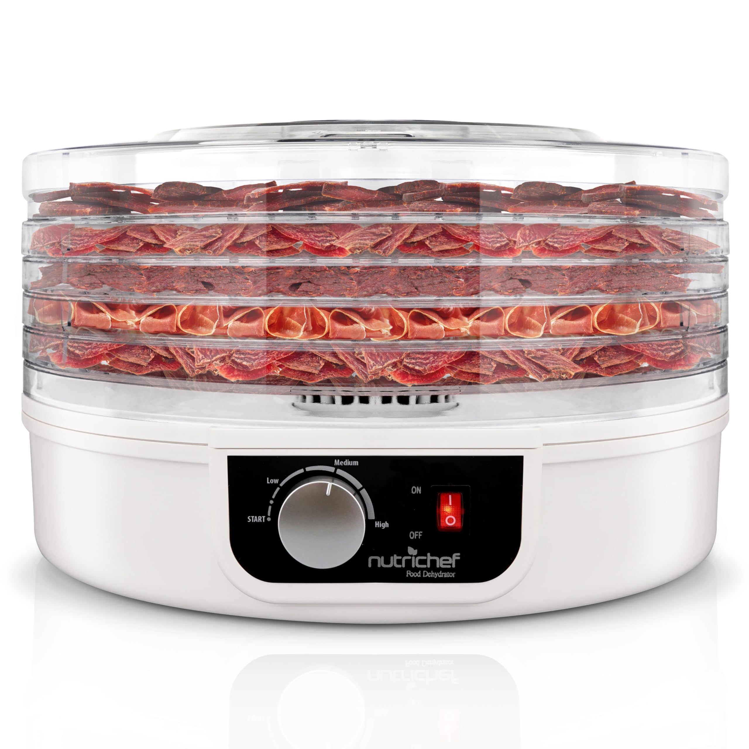 Nutrichef Dörrautomat 5 Einschübe – Milchweiß BPA-freies Dörrgerät für Fleisch, Obst, Pilze & Gemüse, 82°C einstellbar, 600W Leistung, leise und leicht zu reinigen