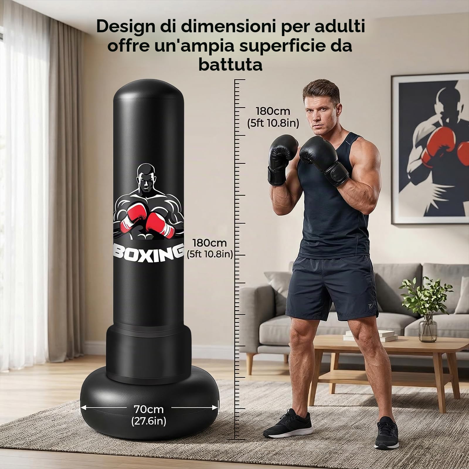 Sacco da Boxe Autoportante 180 cm, in PVC Rinforzato da 0.35mm Gonfiabile con Guantoni e Pompa Ideale per Adulti, Giovani, Arti Marziali, Fitness