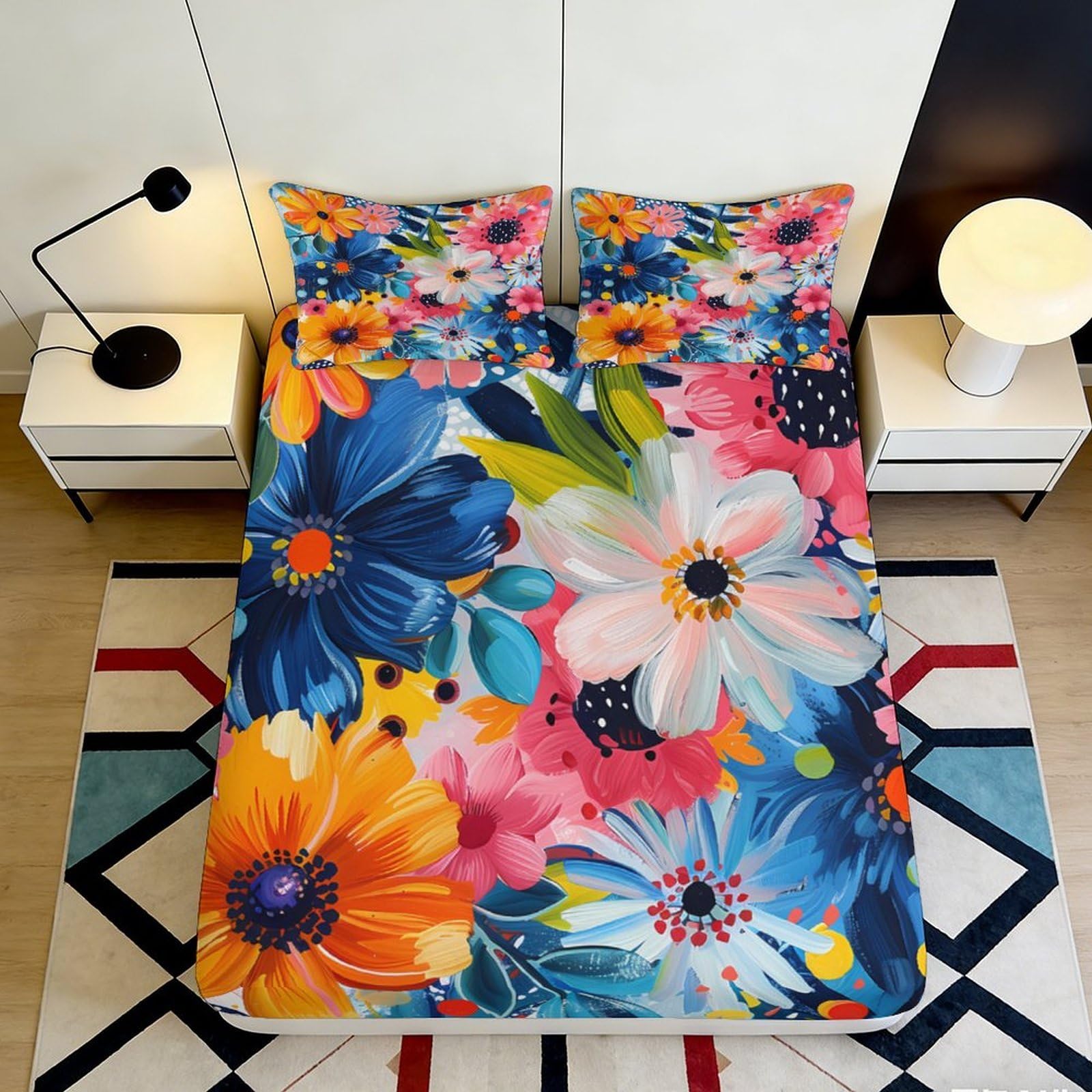 3D Printed Vibrant Floral Fitted Sheet Microfiber Deep Pocket Non-Slip Bedroom Bedding Vibrant Floral Mattress Fitted Cover 200x200x25cm 90x200x25cm