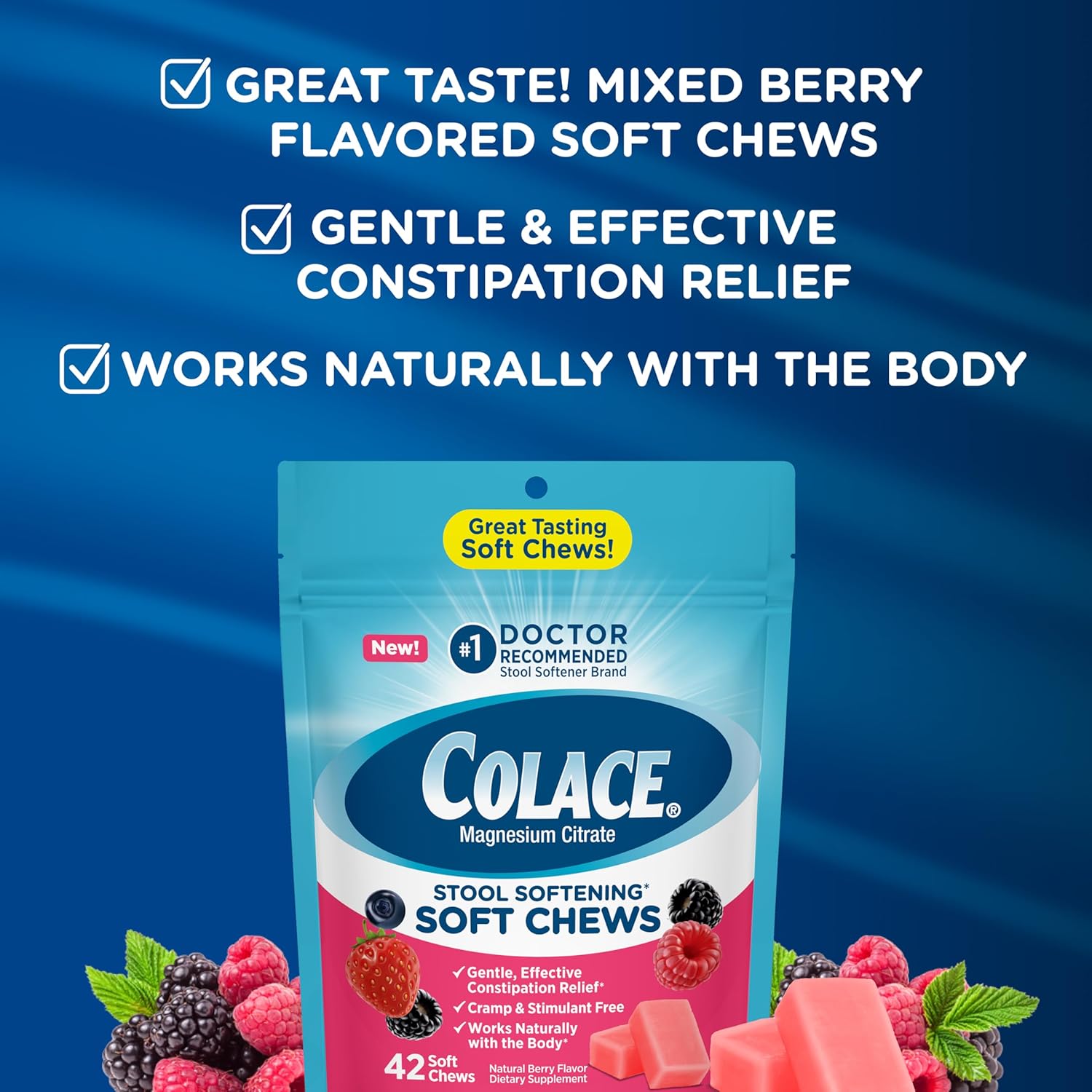 Colace Stool Softener Soft Chews, 42 Count (Pack of 2), Gentle Constipation Relief, No.1 Doctor Recommended Stool Softeners, Mixed Berry