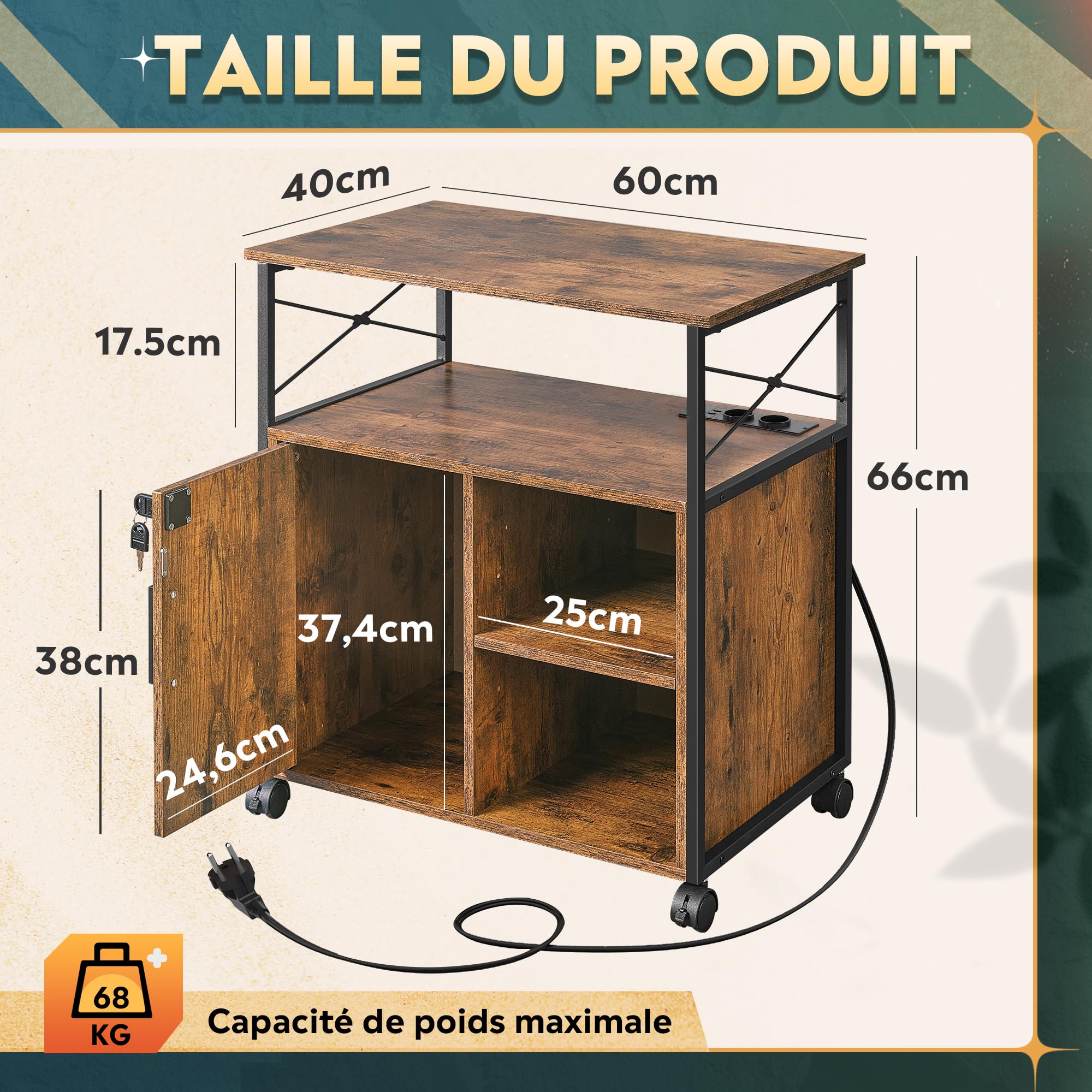DEVAISE Caisson Bureau Mobile avec Station de Recharge - Meuble Imprimante Verrouillable à roulettes pour Bureau Domicile - Rangement A4, Étagères Réglables,Brun Bois