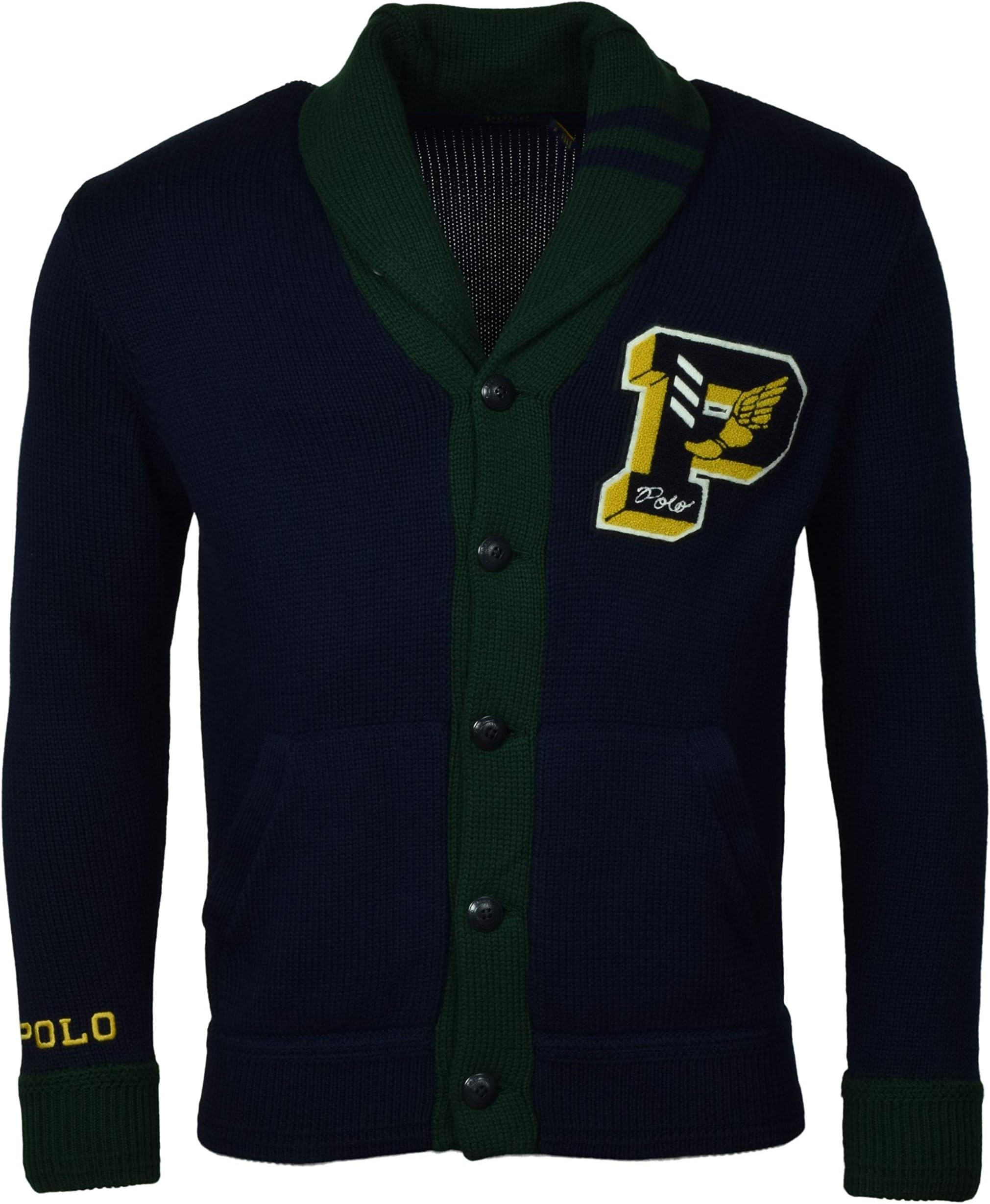 POLO RALPH LAURENMen's Varsity P-Wing Shawl Neck Cardigan Sweater, Navy/Green, XL