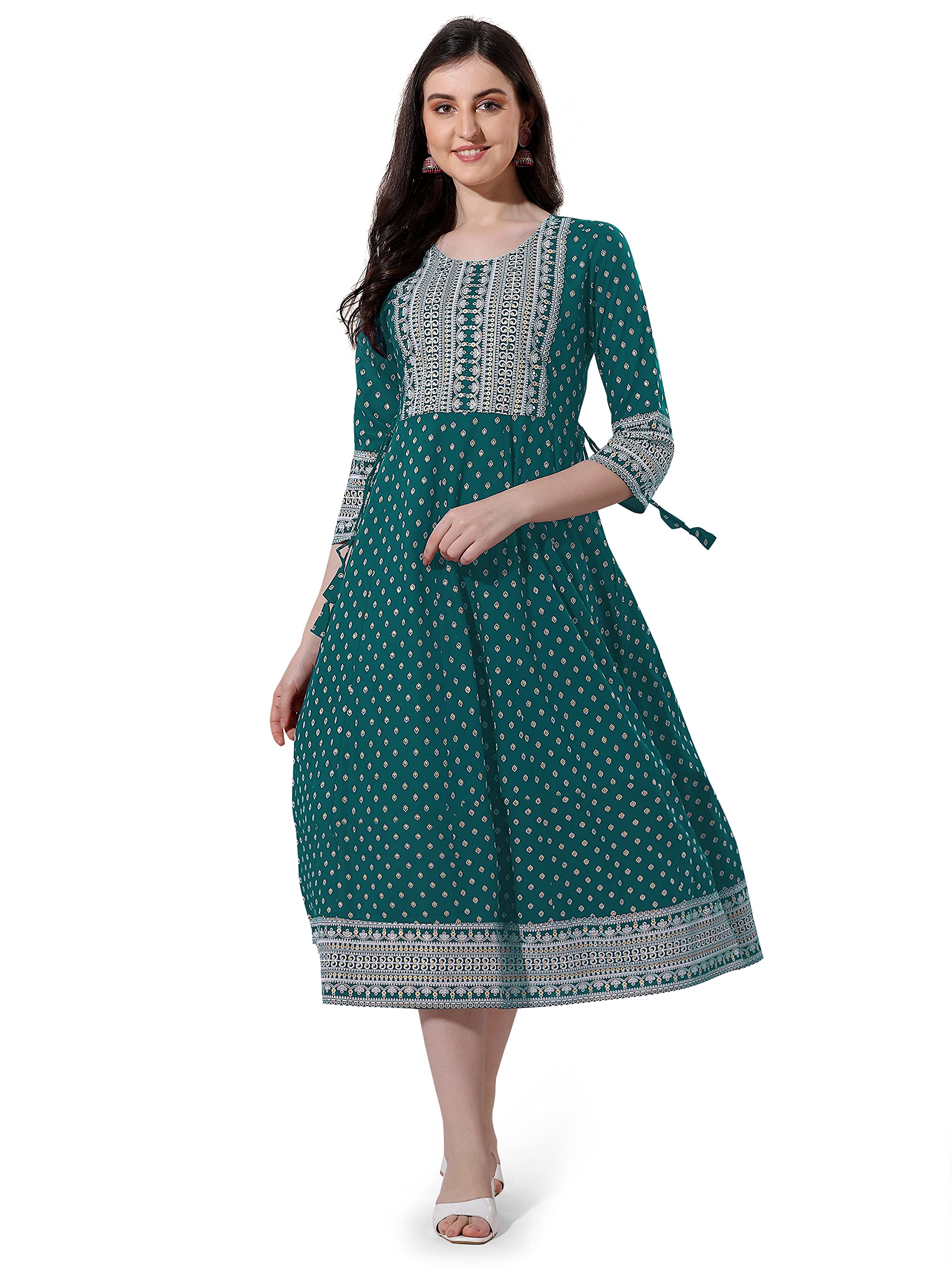 MIRCHI FASHION Women's Cotton Relaxed Fit A Line Sequins Embroidery Work Foil Printed A-Line Kurti Only