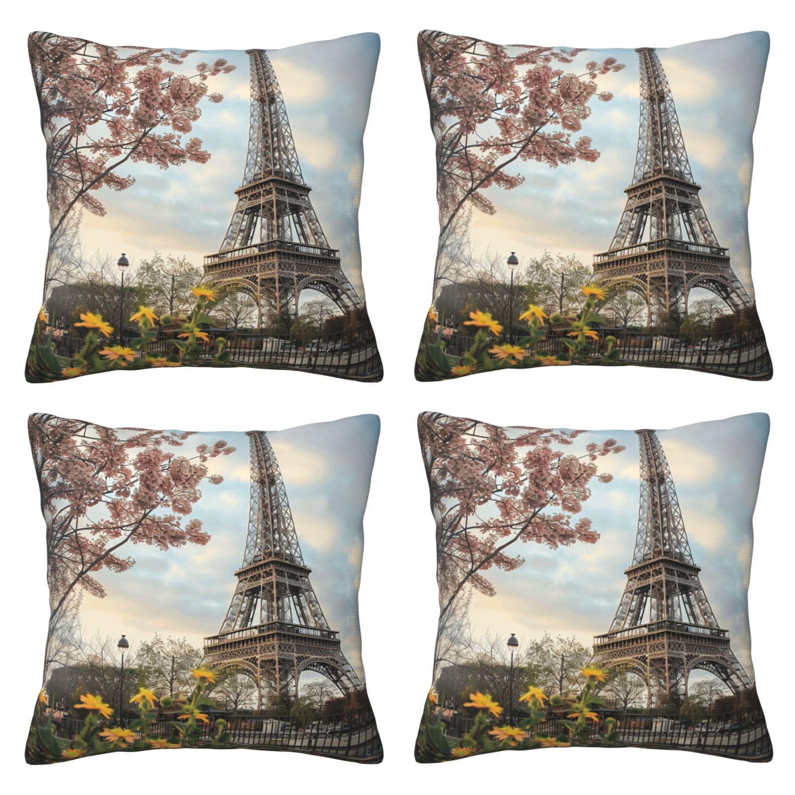 Paris Eiffel Tower Flower Throw Pillow Cases 4 Pack Square Pillowcases Super Soft Pillow Protectors With Zipper for Couch Livingroom Sofa Bed Office Car,30x30 CM
