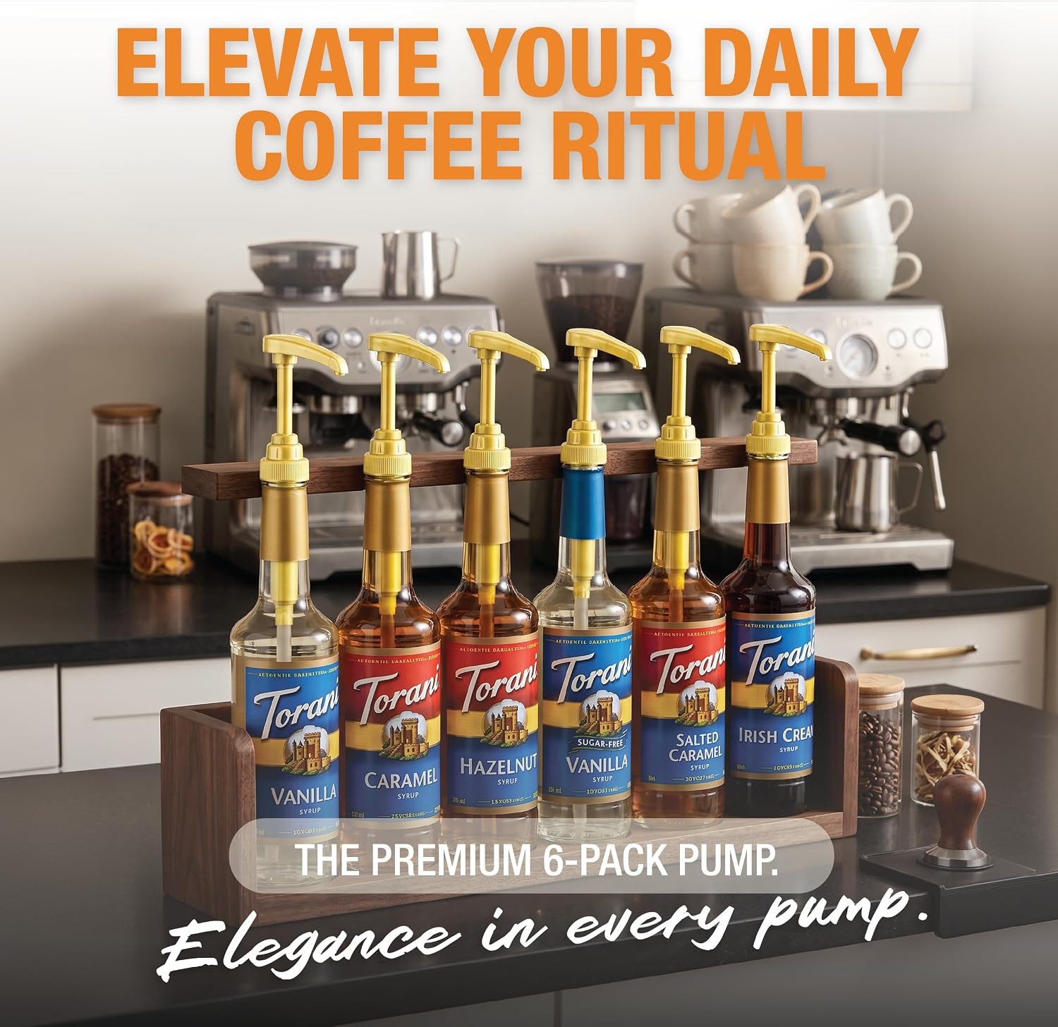 6 pack Coffee Syrup Pump Dispenser (Gold) - Compatible with Torani, Davinci and Skinny Syrup Bottles (750 ml 25.4 oz Bottles)