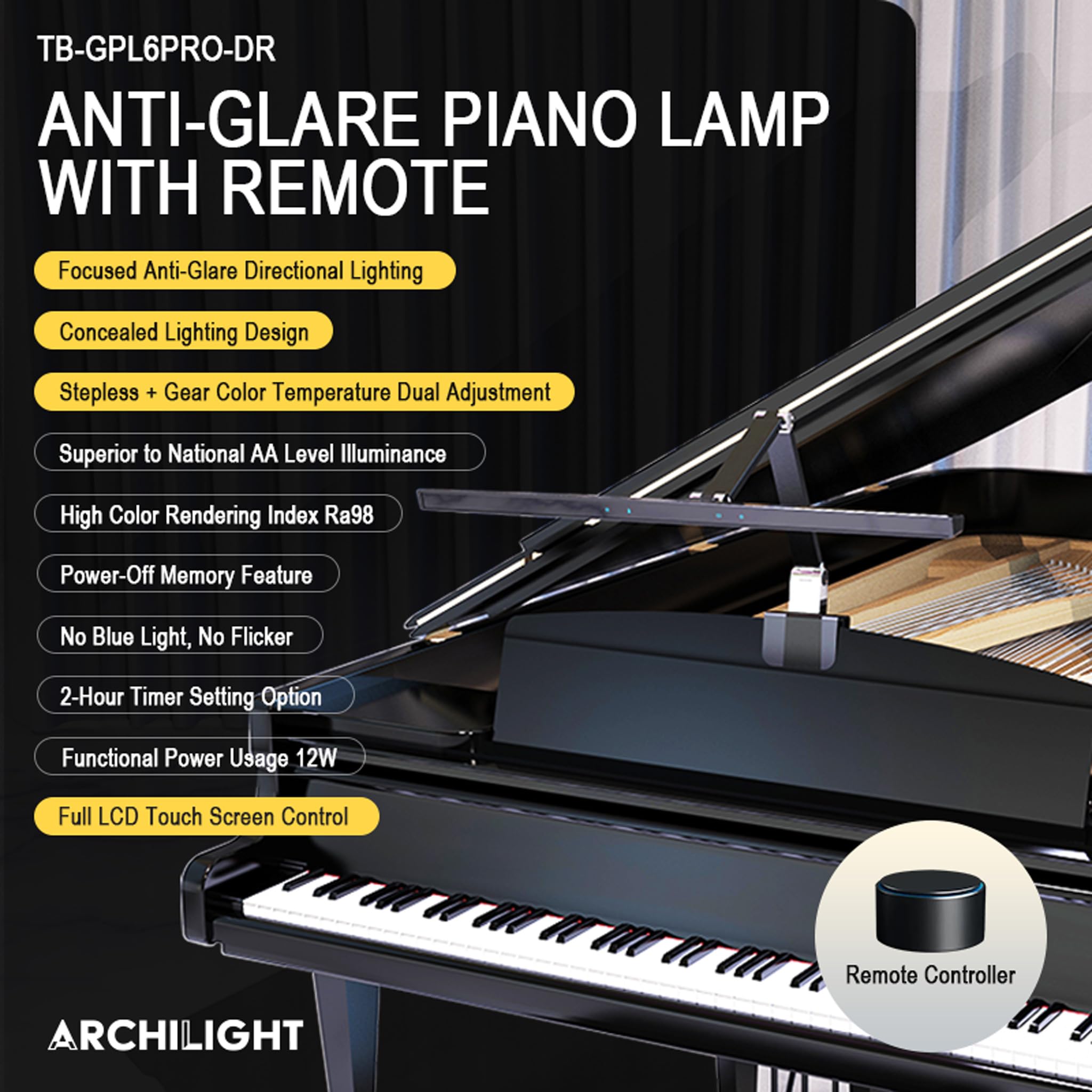Archilight Stella-Pro Piano Light Double Arm Clip On: Professional Design, Asymmetric, Anti-Glare Lighting, Light Sensor, 3000K~6500K CCT Adjustable, Dimmable + Remote Control, 12W LED Eye Protection