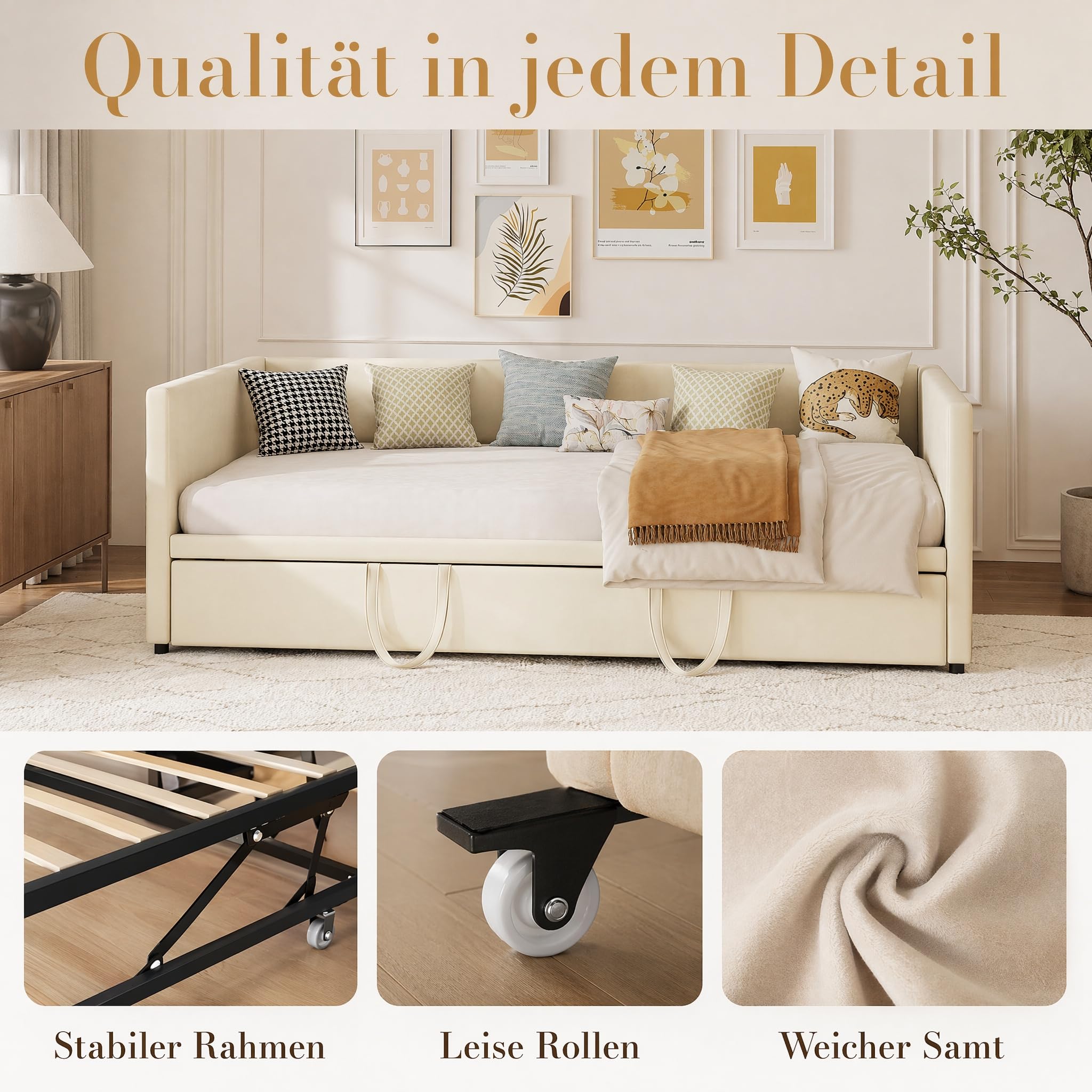 schlafcouch 90/180x200cm,tagesbett ausziehbar,sofa,Einzelbett/Doppelbett | letto singolo con letto estraibile,Samt Polsterbett Tagesbett,Ideal für kleine Räume, Gästebett,ohne Matratze,Beige