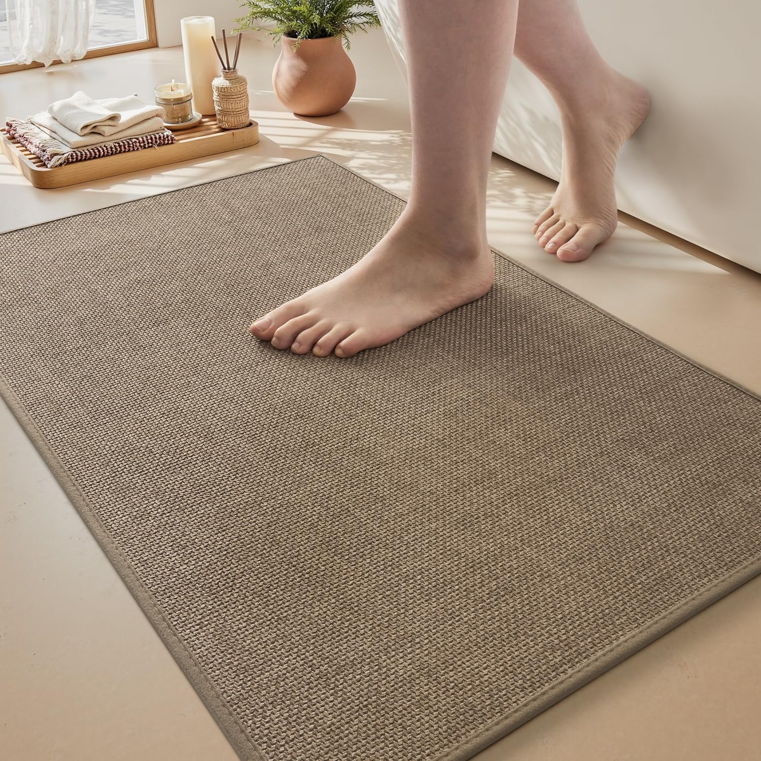 MontVoo Bath Mat Rug-Ultra Thin Non Slip Bath Mats for Bathroom Mat Quick Dry, Rubber Backing Washable Bathroom Rugs Fit Under Door, Absorbent Bath Rugs for Floor,17"x24",Khaki