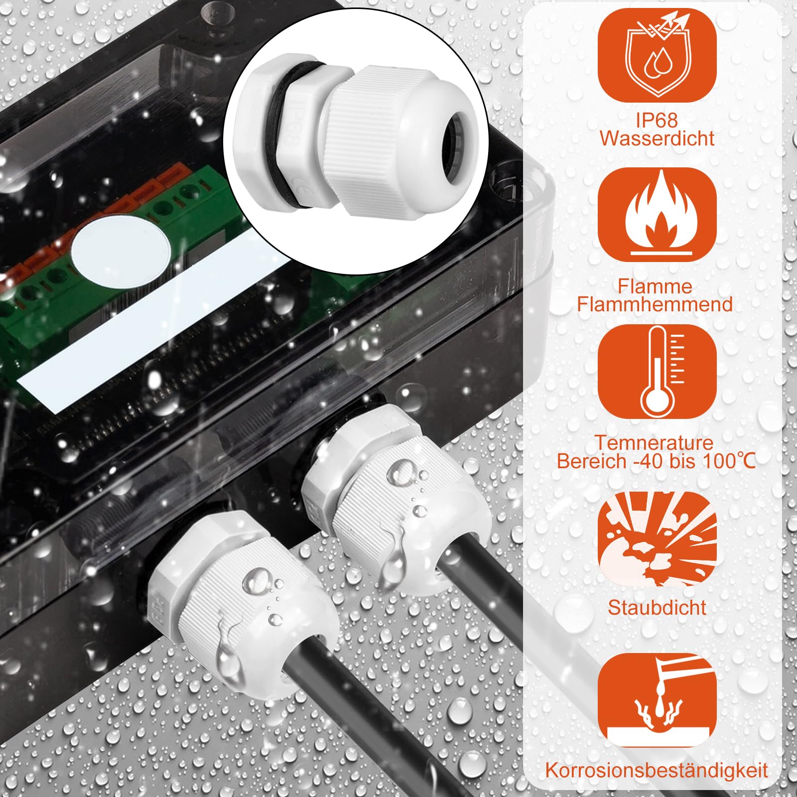 Realure 70 Piezas Prensaestopas, Impermeable IP68 Conectores de Cable PG7 PG9 PG11 PG13.5 PG16 PG19, Blanco Prensaestopas Ajustable, Glándulas de Cable con Ajustables Juntas, Cable Gland Conectores