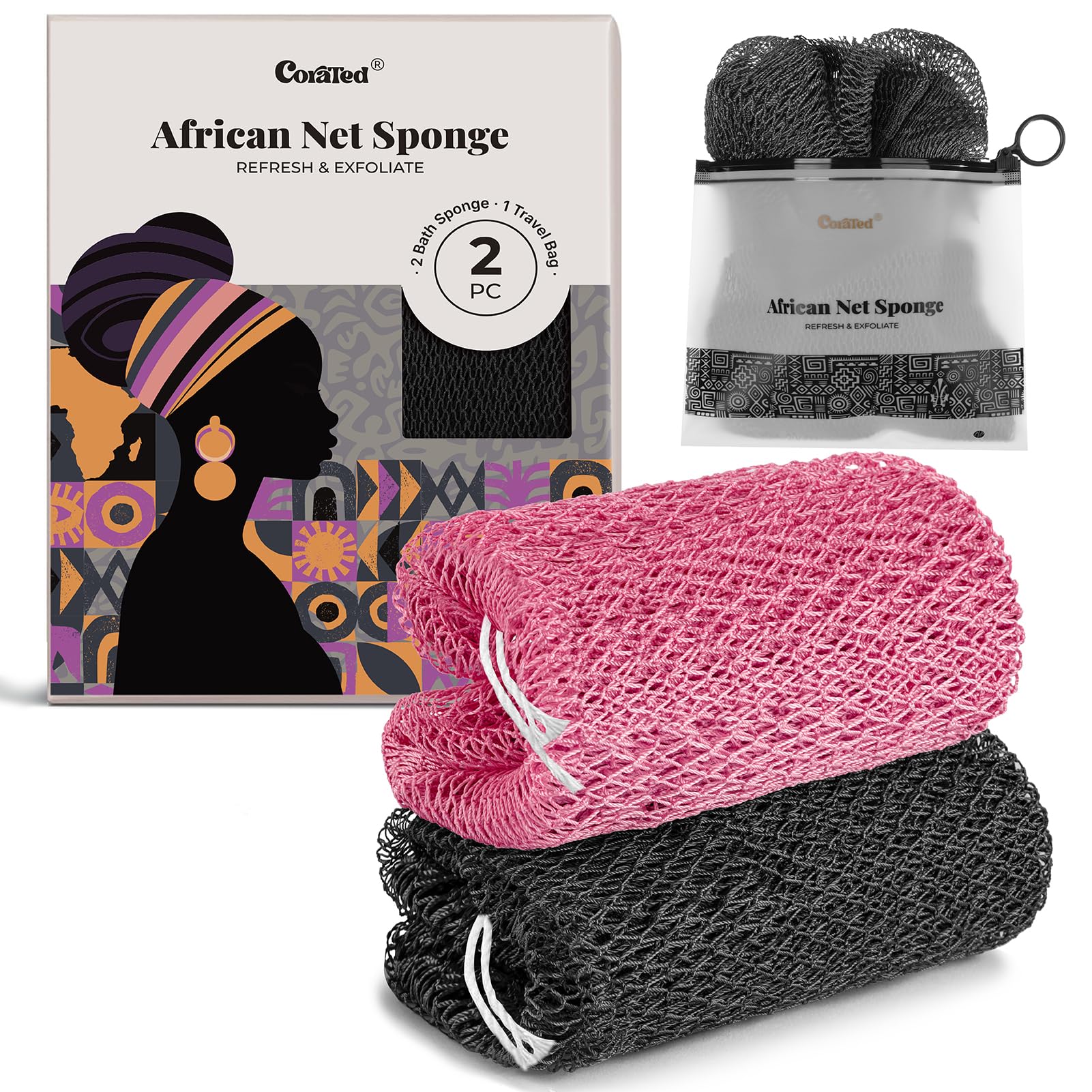 CORATED 2 Stück Afrikanischer Netzschwamm, African Net Sponge, Peeling-Netzschwämme, Rückenexfoliierer, Schönheits-Hautreinigung für Dusche und SPA, Schwarz und Rosa