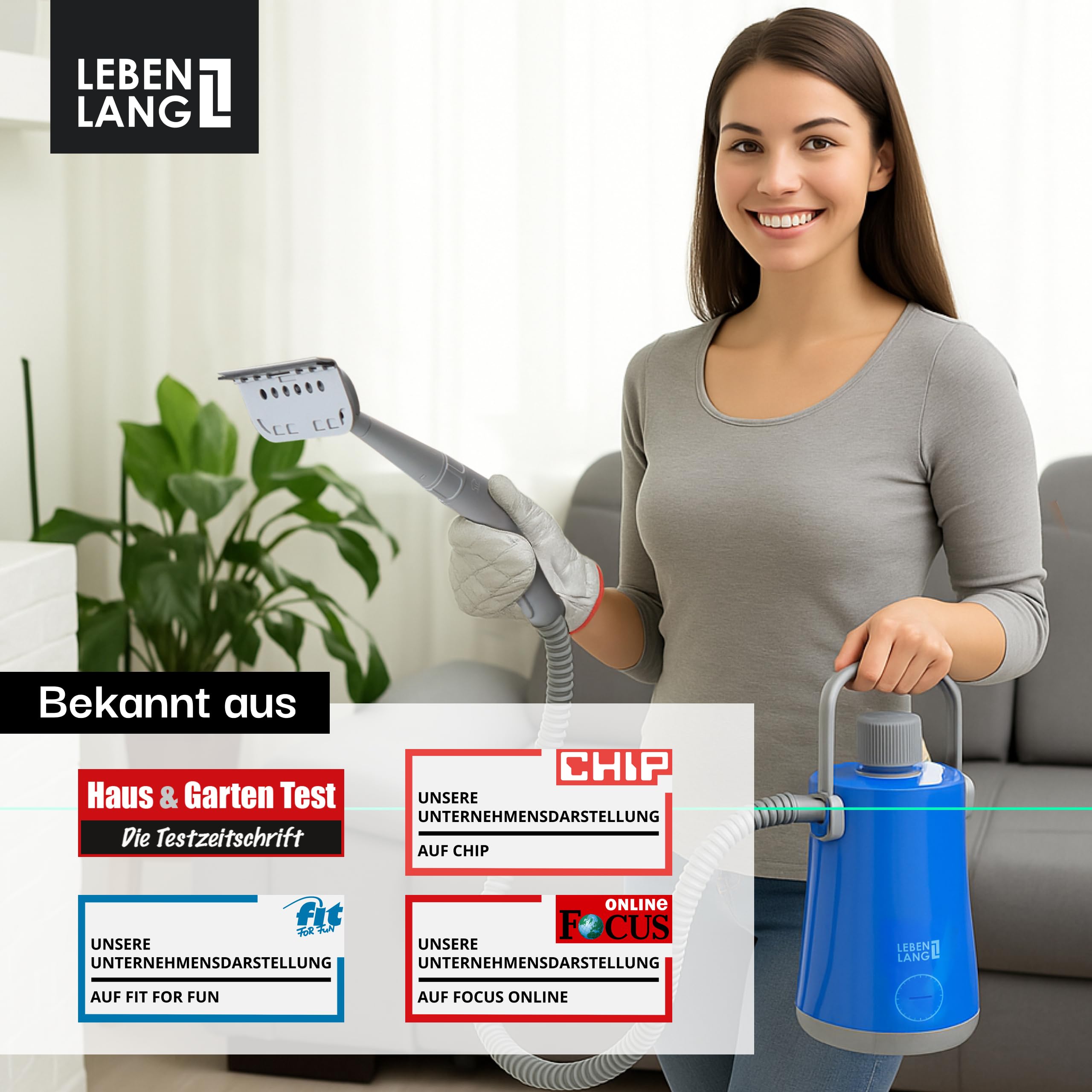 LEBENLANG Elektrischer Dampfreiniger Handgerät - 3,5 Bar & 1000W I 12x Zubehör I Steam Cleaner für alles I Damfreınıger für Fliesen und Fugen & Bad Auto Fenster Heißluft Dampf Reiniger Fugenreiniger