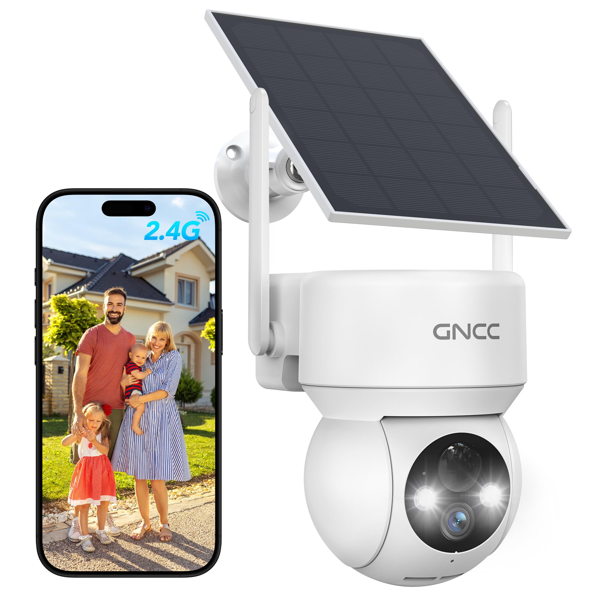 GNCC Solar Security Camera Wireless Outdoor 2.4G WiFi, 360° View, Solar/Battery Powered, AI Human Detection, Color Night Vision, 2-Way Audio, Spotlight Siren Alarm, IP65 Waterproof, SD/Cloud Storage
