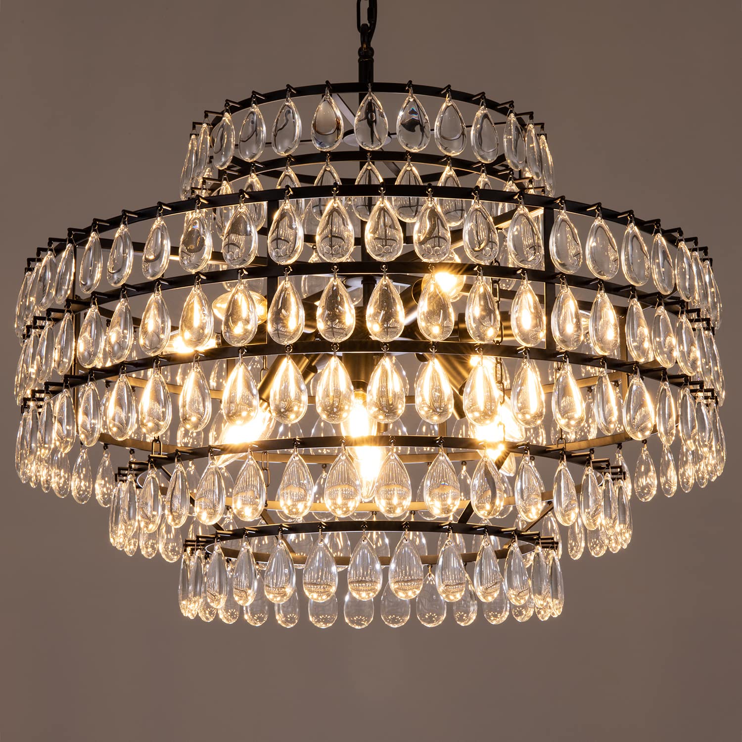 Wellmet 27" 12-Light Crystal Chandelier, 7 Tiers Black Modern Ceiling Pendant Light Fixture, Contemporary Adjustable Hanging Chandelier for Living Room,Dining Room,Bedroom,Kitchen,Hallway,Entryway