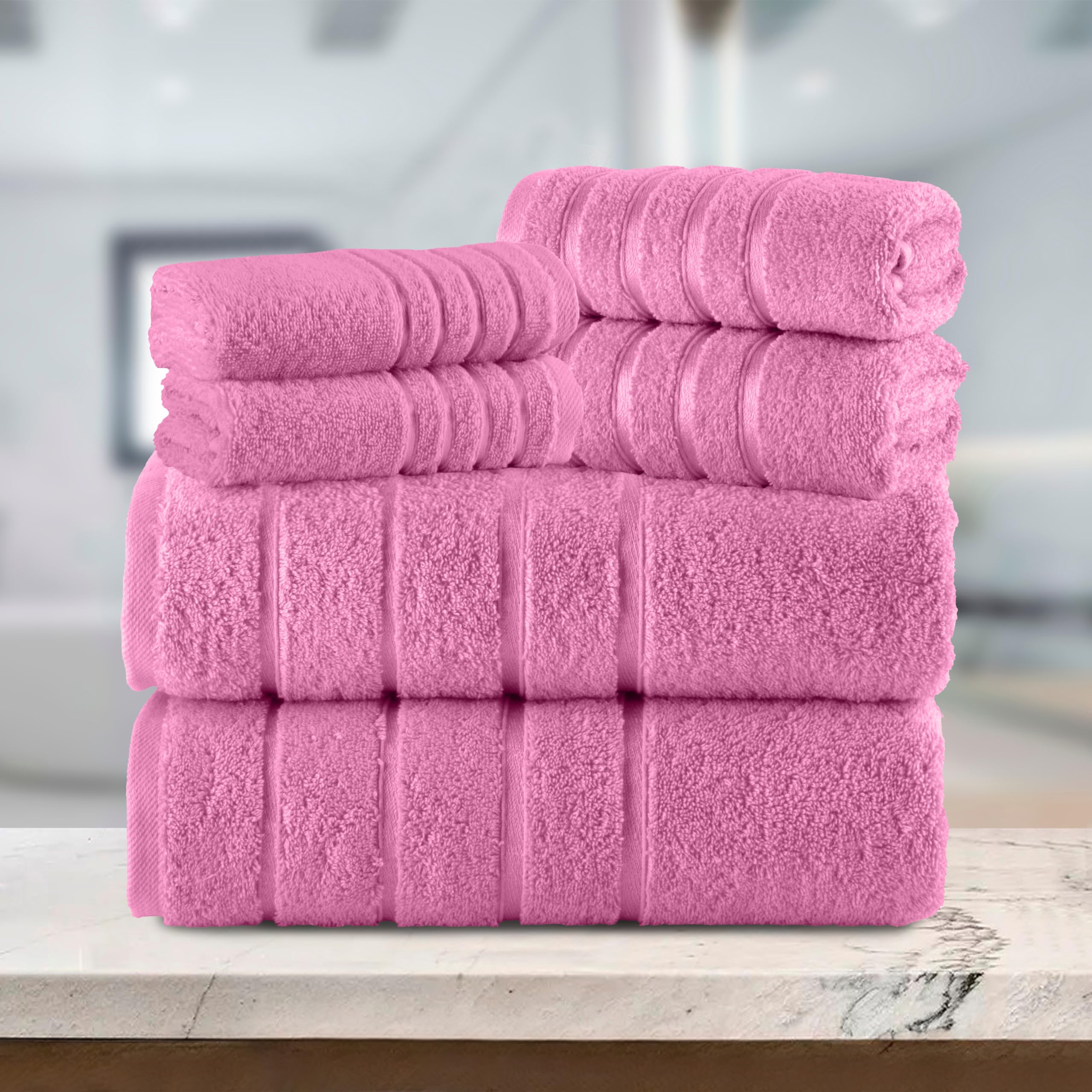 Elegant Comfort Set di 6 asciugamani in viscosa a 4 linee, di alta qualità, 100% cotone turco, ad alta assorbenza, include 2 salviette, 2 asciugamani per le mani e 2 teli da bagno, rosa chiaro
