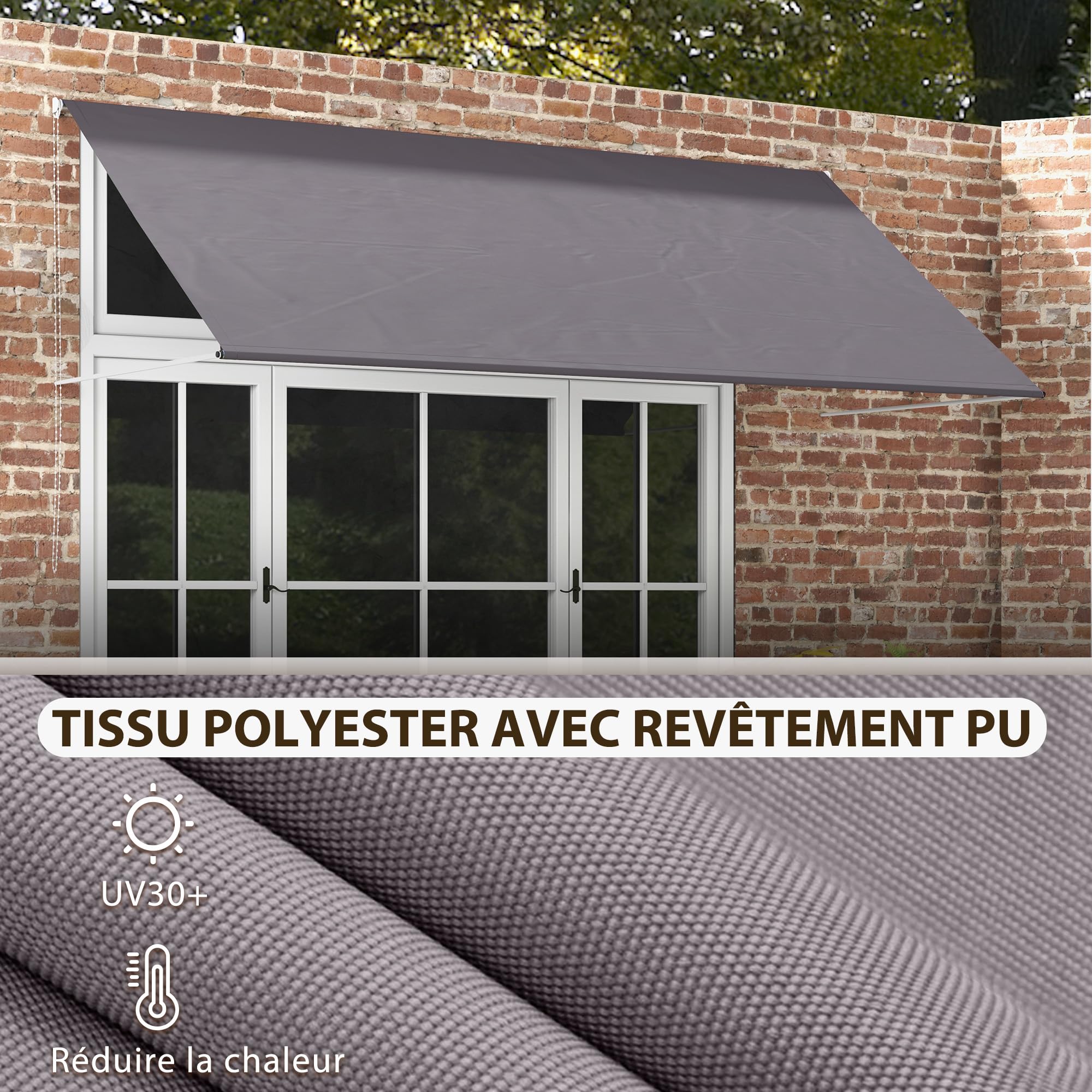 Outsunny Store banne Manuel auvent rétractable Inclinaison réglable 300 x 120 cm Protection UV Aluminium Polyester Gris foncé