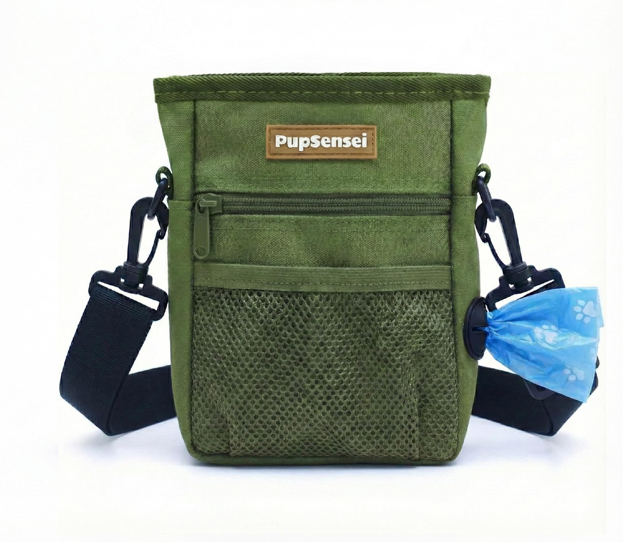 PupSensei Dog Treat Pouch for Training – Magnetic Dog Treat Bag with Belt Clip & Poop Bag Dispenser – Hands Free Carry Pouch with Auto-Close Access & Shoulder Strap – Durable Pet Gear – Army Green