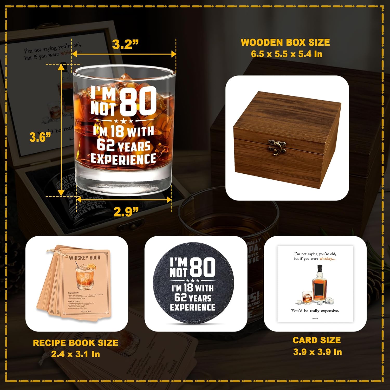 Funny 80th Birthday Gifts for Men – “I’m Not 80, I’m 18 with 62 Years Experience” Whiskey Glass Gift Set with Coasters, Recipe Cards, Greeting Card & Wooden Box - Image 3