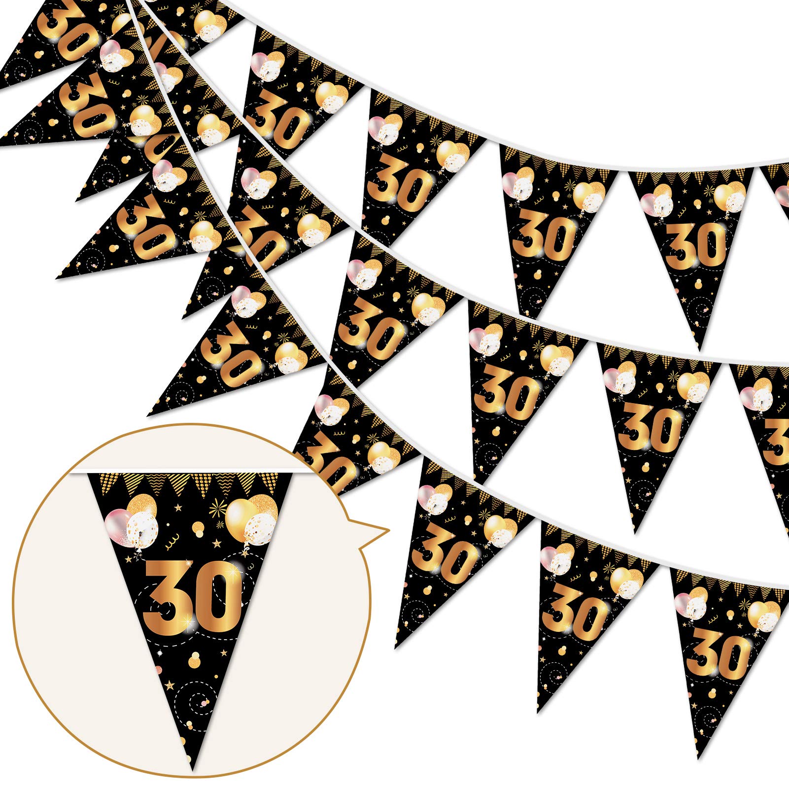 HOWAF 30 Cumpleaños Pancarta Triángulo Oro Negro,30 Cumpleaños Banderines Decoracion,30 Guirnalda Feliz cumpleaños de cumpleaños de 30 años de Aniversario para Hombres y Mujeres, 7.4 x 10.8 Pulgadas