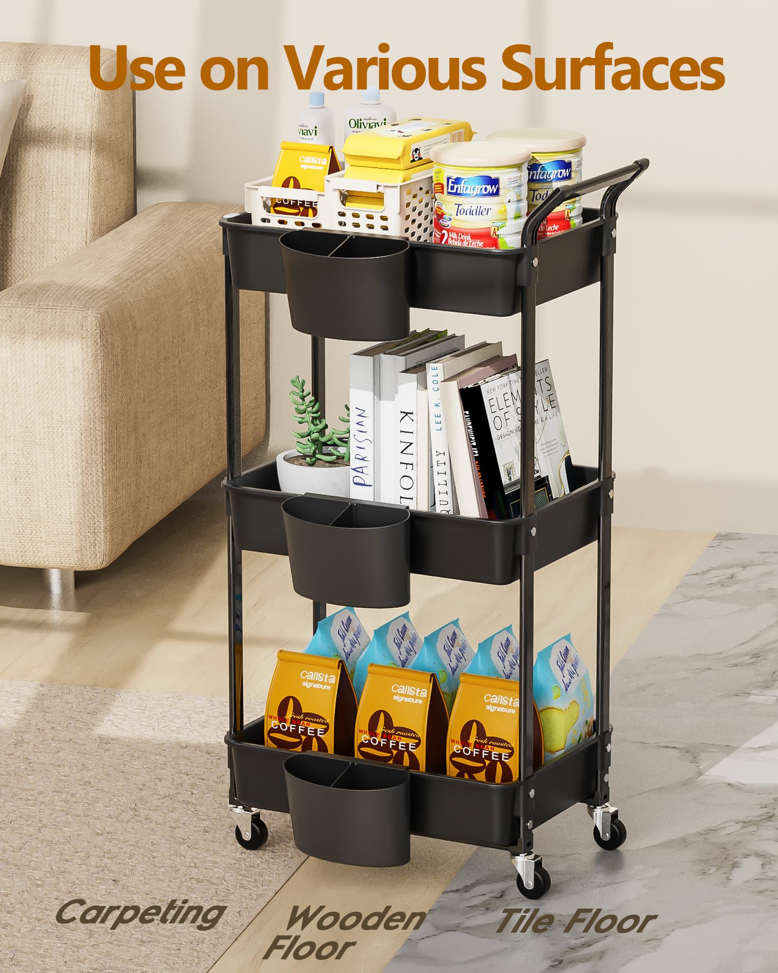 HBTower Rollwagen aus Kunststoff，Küchenwagen 3 Etagen, Servierwagen, mit extra hängenden Tassen, feststellbare Räder für Wohnzimmer, Küche, Büro, Schwarz