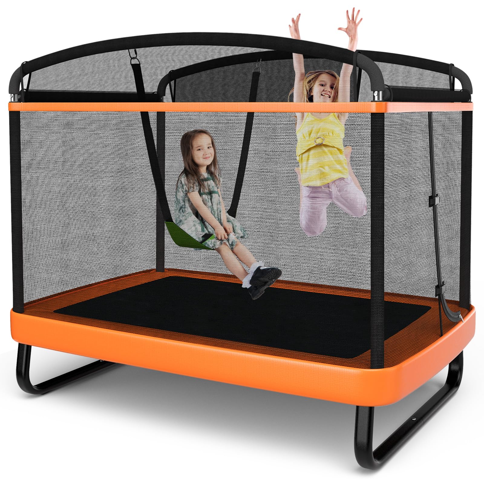 Goplus 6FT Kids Trampoline with Swing, ASTM Approved Rectangle Recreational Trampoline w/Enclosure Safety Net, Galvanized Steel Frame, Indoor Outdoor Baby Toddler Trampoline for Boys Girls (Orange)