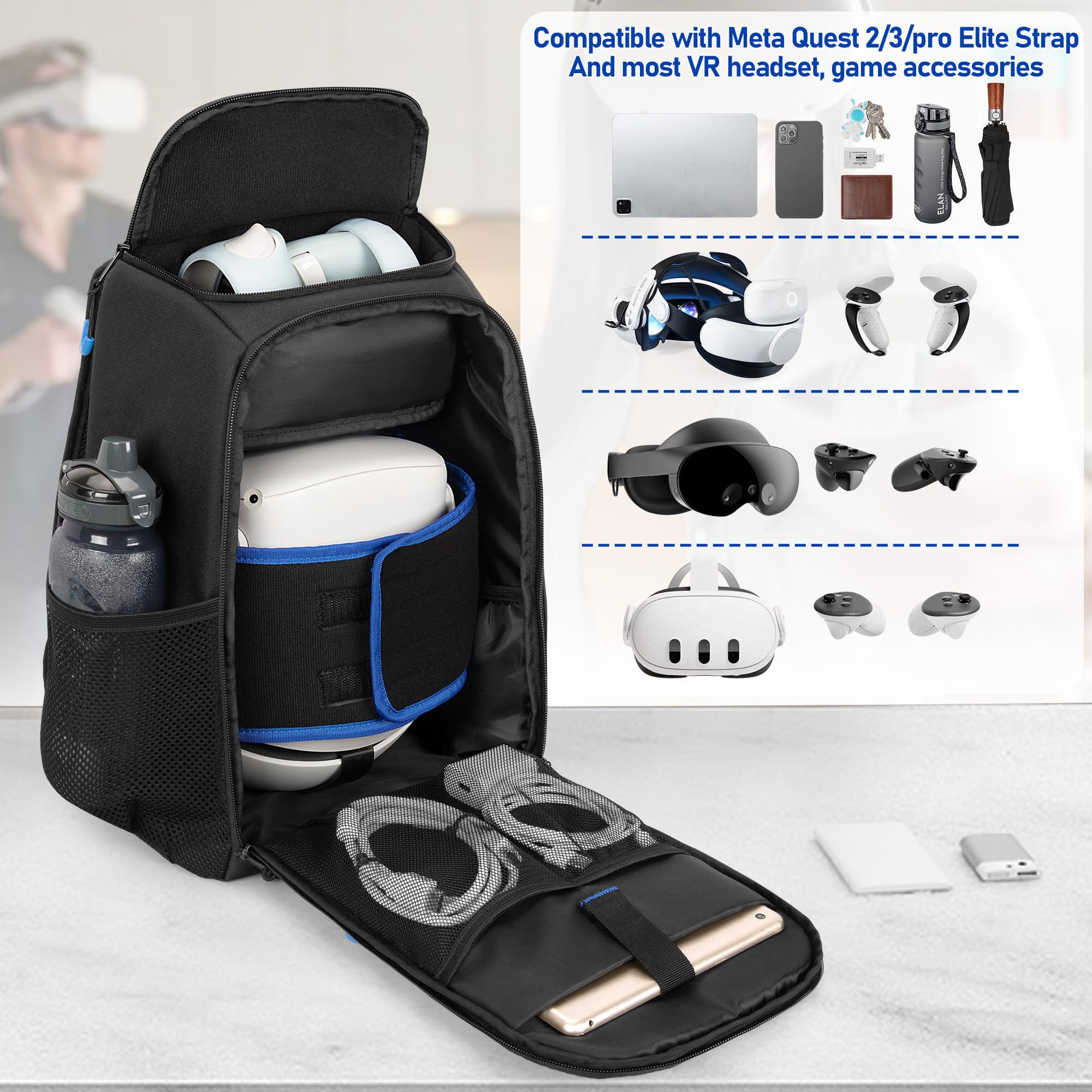 PGmoon Bolsa de transporte de almacenamiento compatible con Oculus Meta Quest 2/Quest 3/Quest Pro/VR Elite correa y controlador, mochila de viaje con mucho espacio para accesorios (diseño patentado)