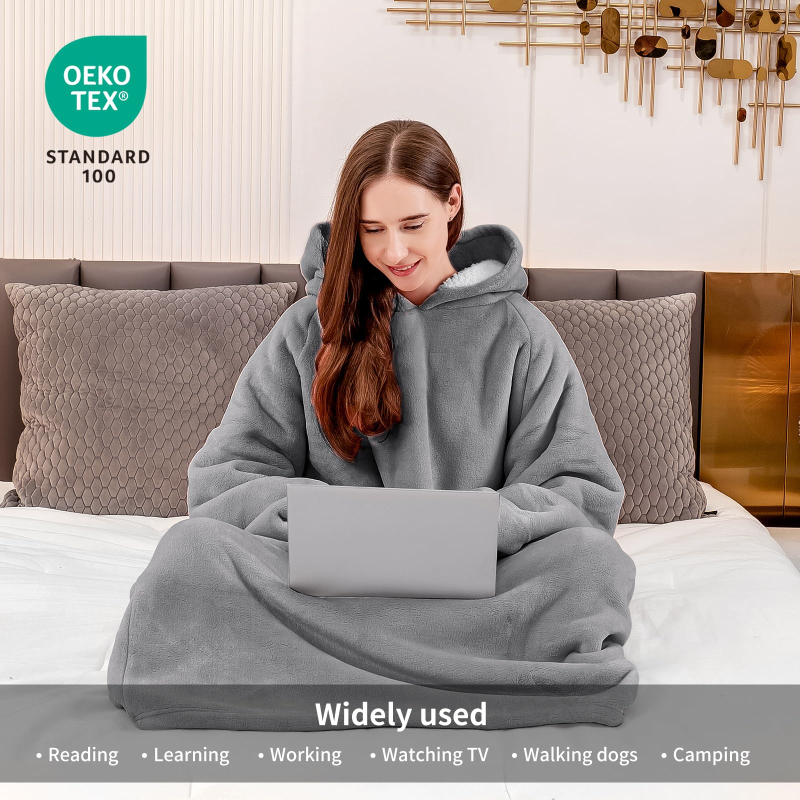 Aisbo Plaid Felpa Coperta con Maniche - Pigiama Coperta Indossabile Donna e Uomo Oversize con Manica e Cappuccio Plaid da Divano con Braccia Pile di Sherpa, Hoodie Blanket (Grigio,130x82cm)