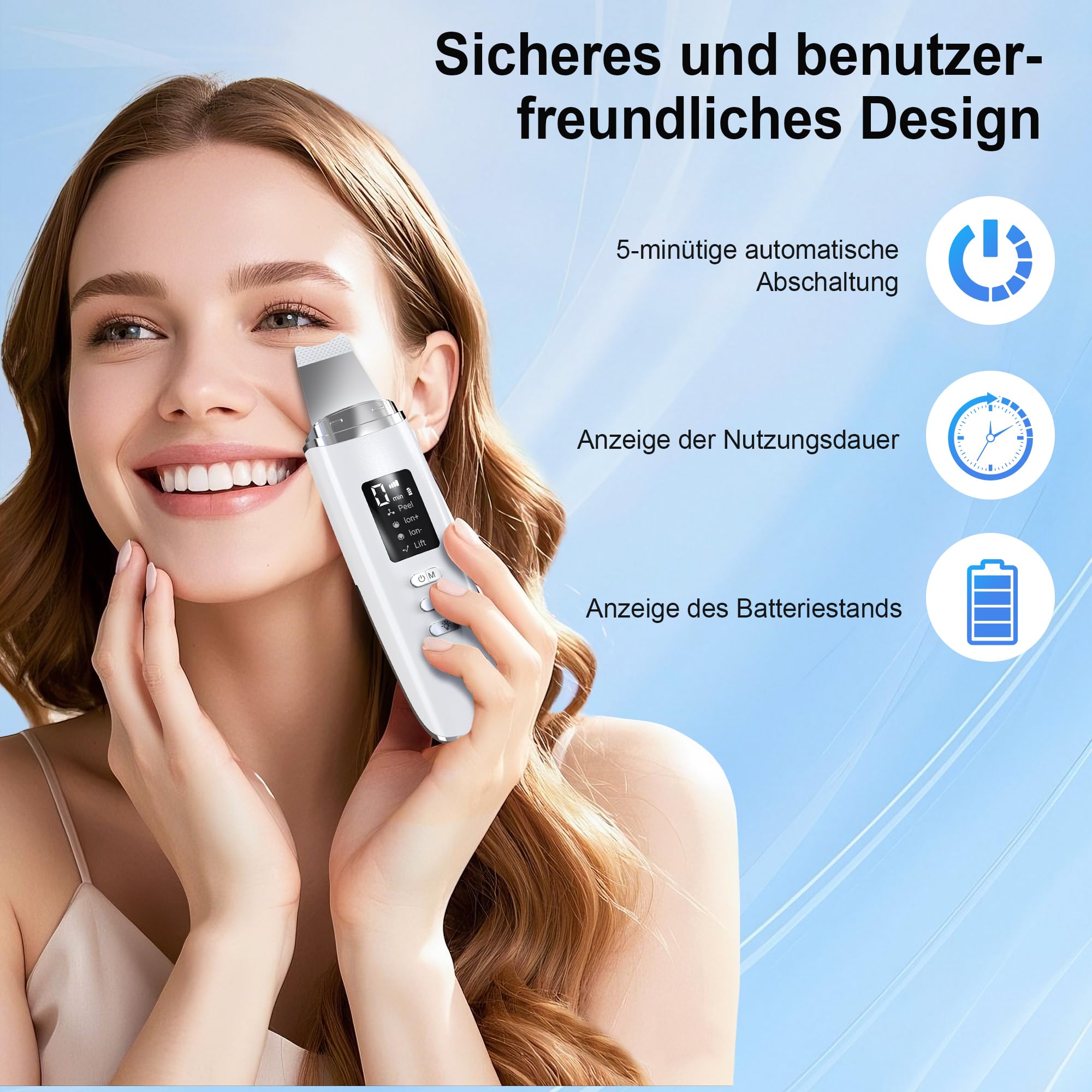 Skin Scrubber Ultraschall, Porenreiniger Gesicht mit 4 Modi und Einstellbarer Intensitä, Rotes Blaues Licht, LED-Anzeige und 5-Minuten-Autoabschaltung Mitesserentferner Gesichtsreinigung Gerät