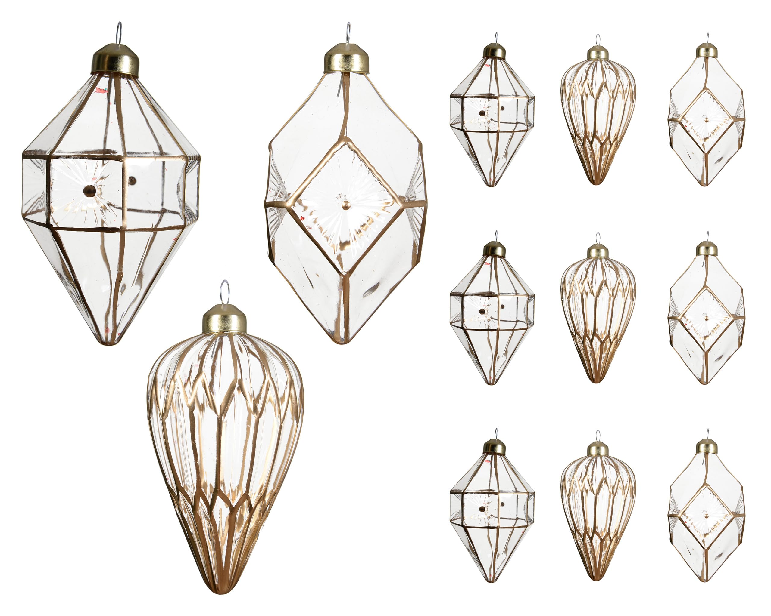Adornos para árbol de Navidad de cristal, 12 cm, diamantes y conos para colgar, juego de 12 unidades, colgantes para árbol de Navidad, adornos transparentes y dorados