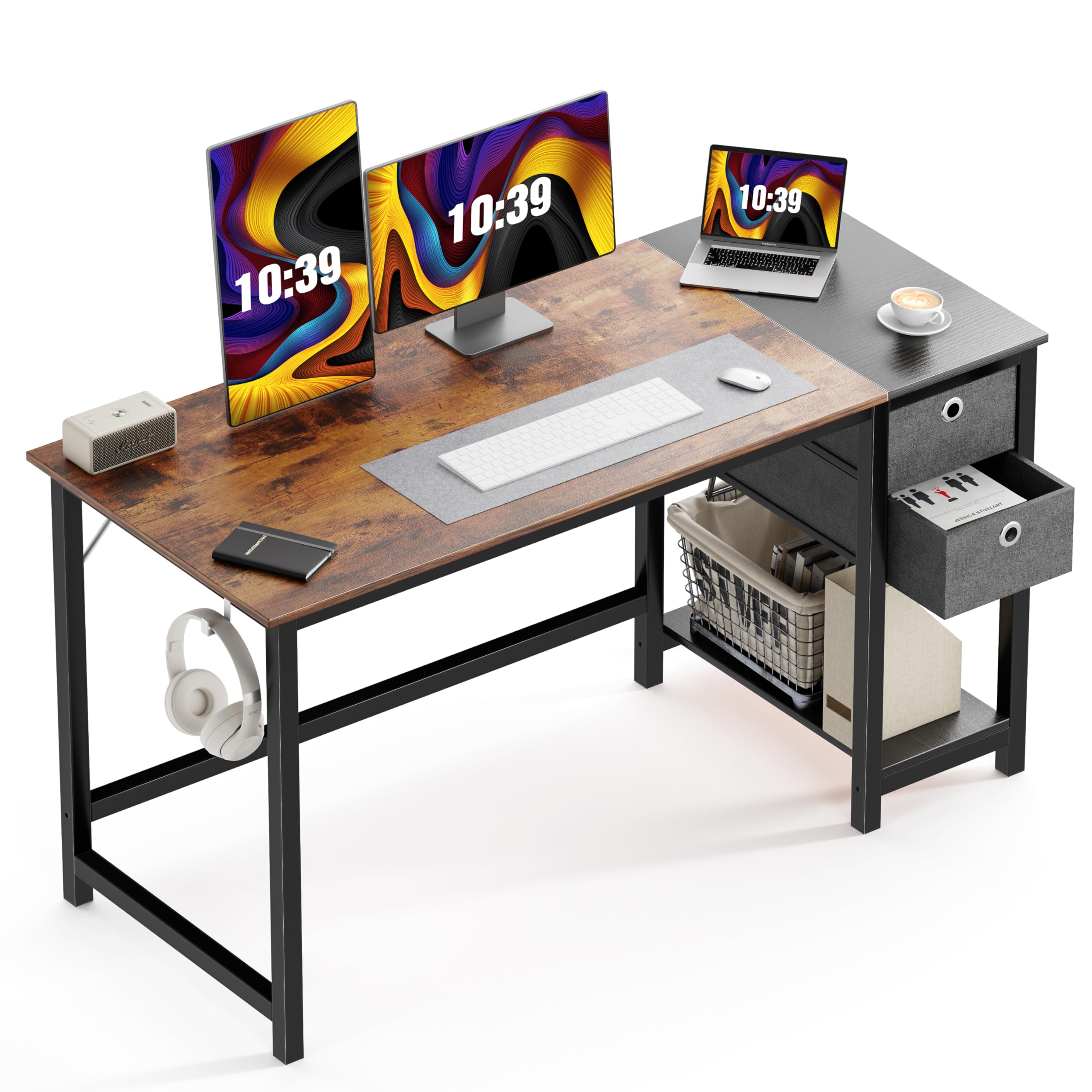 Computer Desk - Desk with Drawers 55 Inch Home Office Desk Writing Desk Work Desk PC Table Study Desk with 2-Tier Drawers Storage Shelf Side Hook, Modern Style Large Wood Desk for Bedroom, Gaming