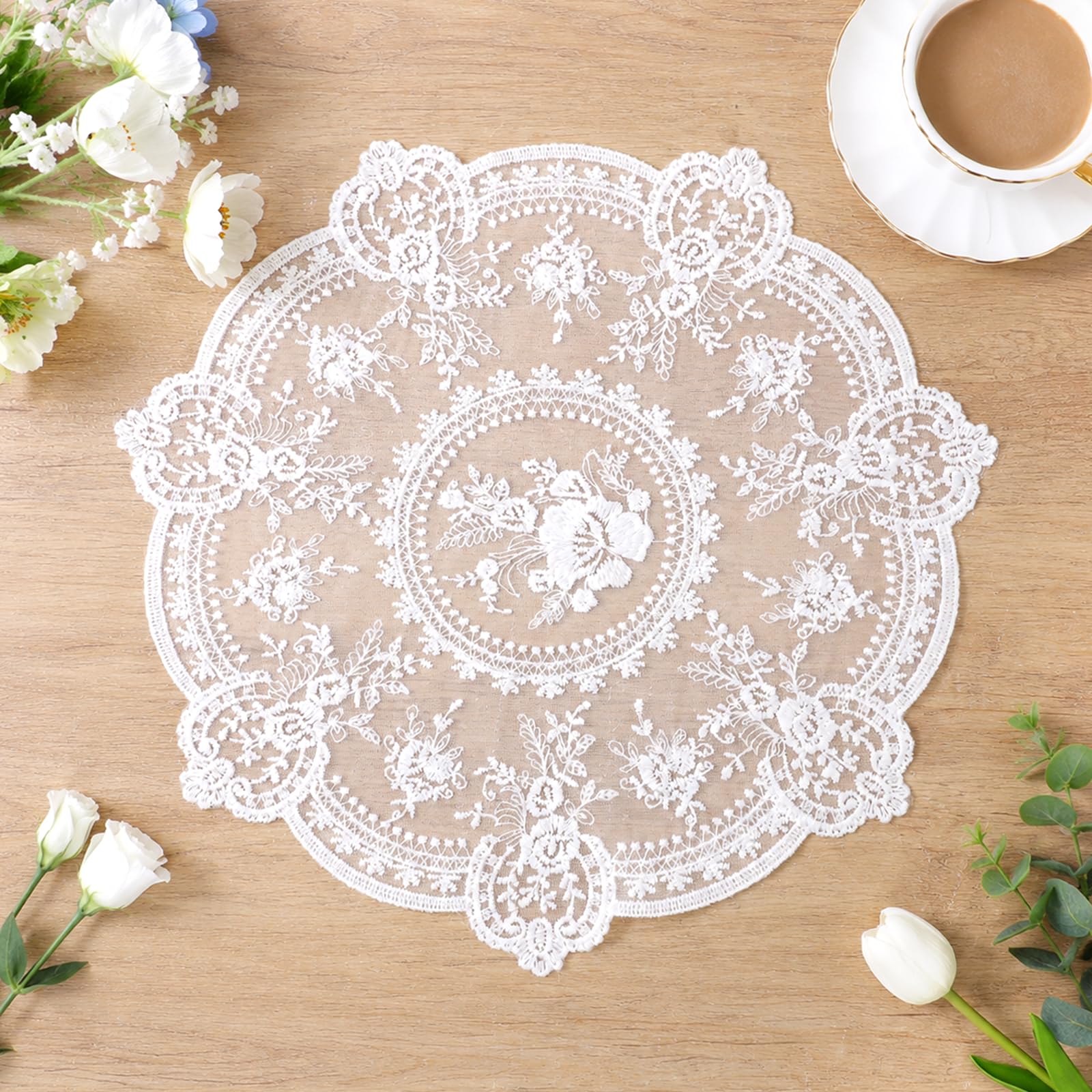 2 Pack Vintage Lace Placemats, 12.6 Inch French Crochet Doilies, Handmade White Embroidered Lace Farmhouse Placemats for Home Kitchen Dining Room Wedding Party Decoration