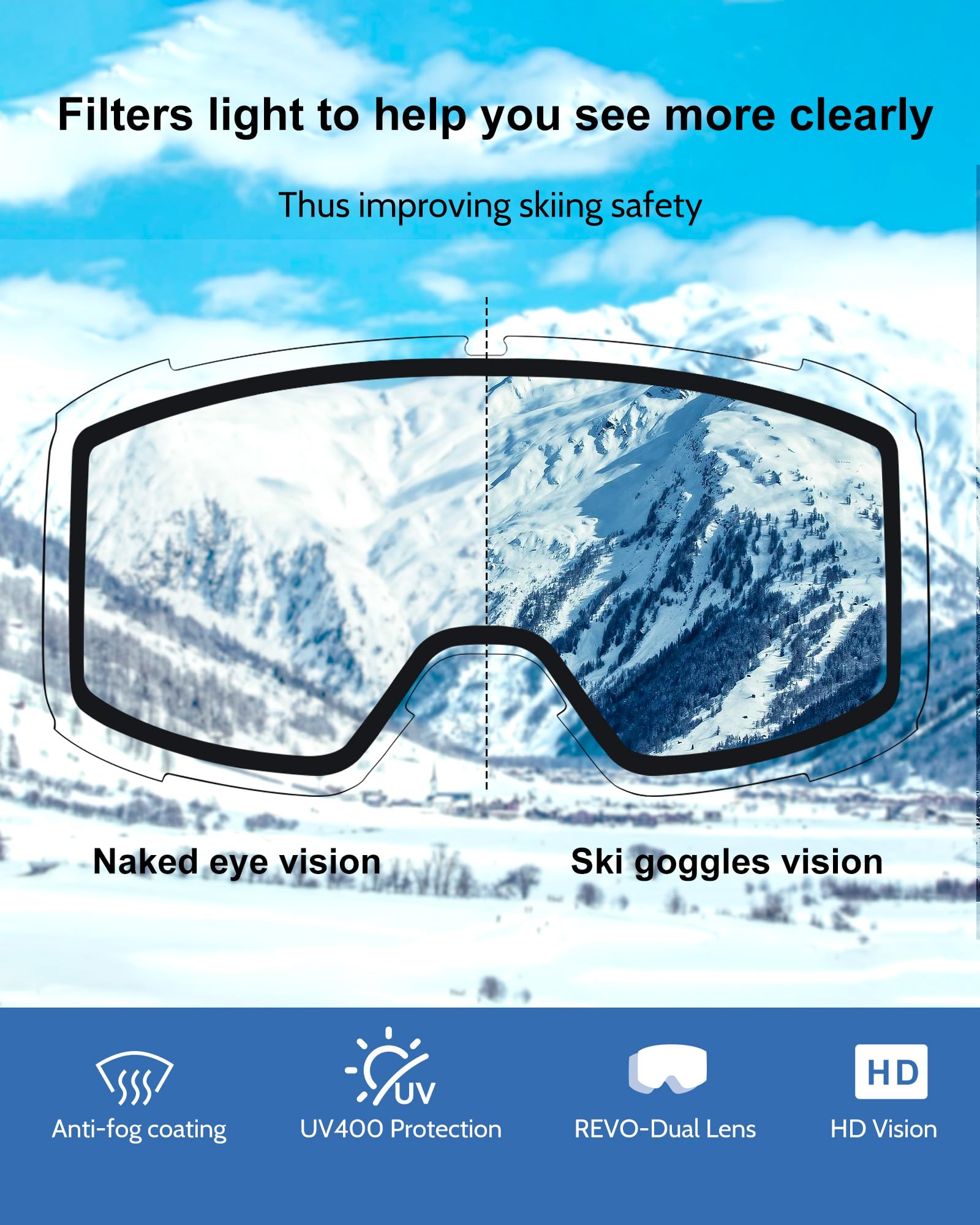 AVV OTG, occhiali da sci per uomini, donne e ragazzi, occhiali da neve e snowboard, anti appannamento, protezione UV