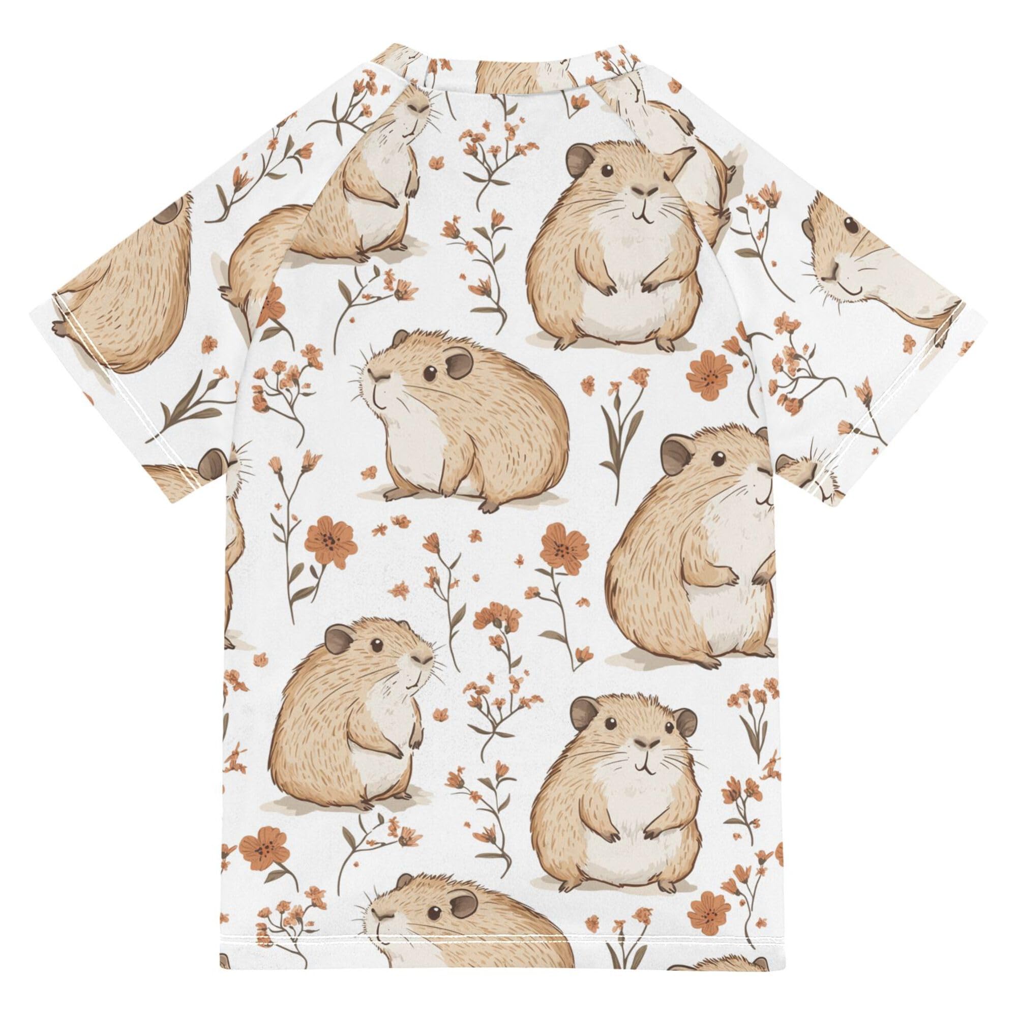 Cute Capybara White Boy Bathing Suit Short Sleeves Girls Swimsuit with Rashguard Swimwears Tshirts for Youth Boy 5-6T