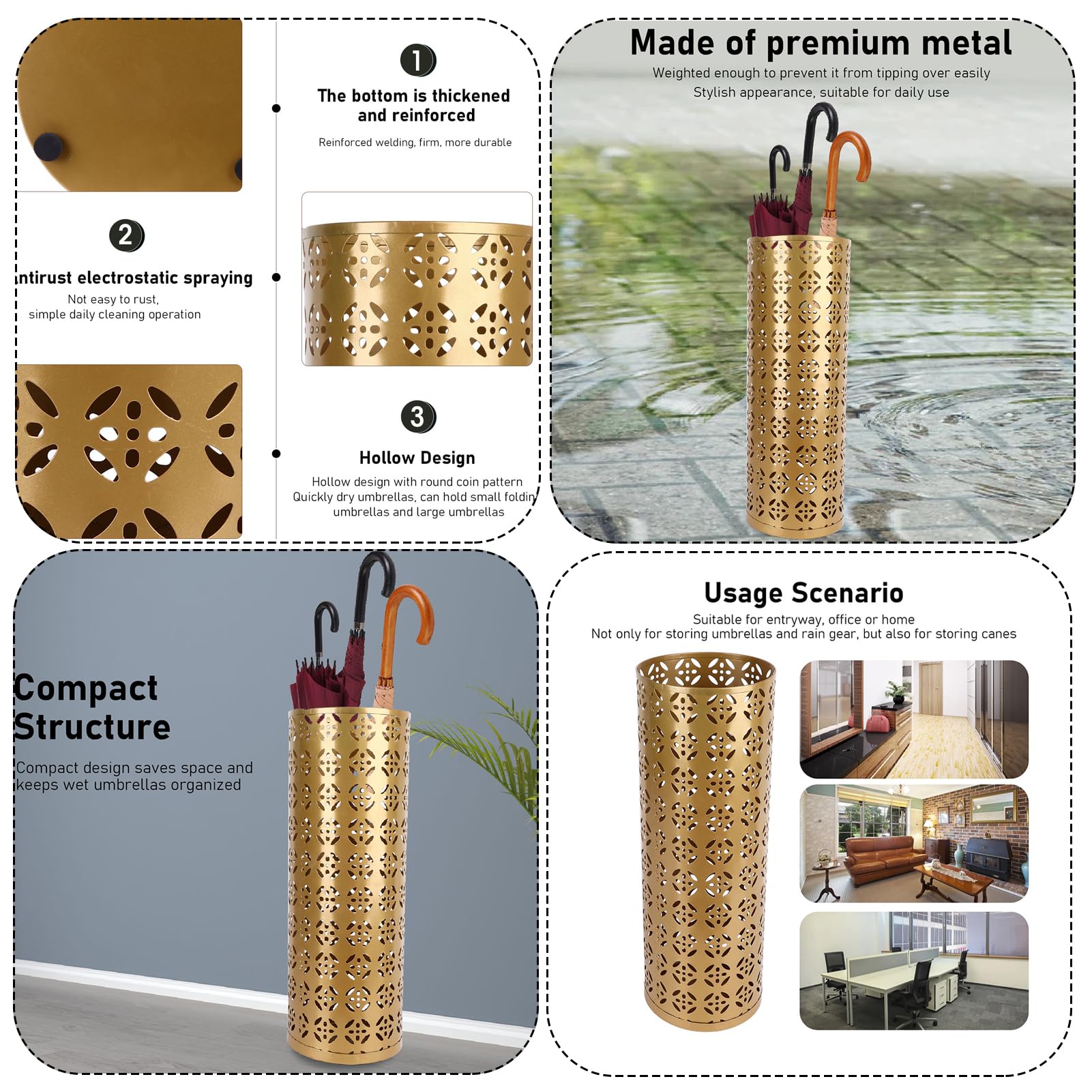 Portaombrelli da interno in metallo, 42x15x15 cm Struttura in rame perforato Portaombrelli in ferro elegante e funzionale per la casa e l'ufficio Mantiene i pavimenti asciutti e in ordine