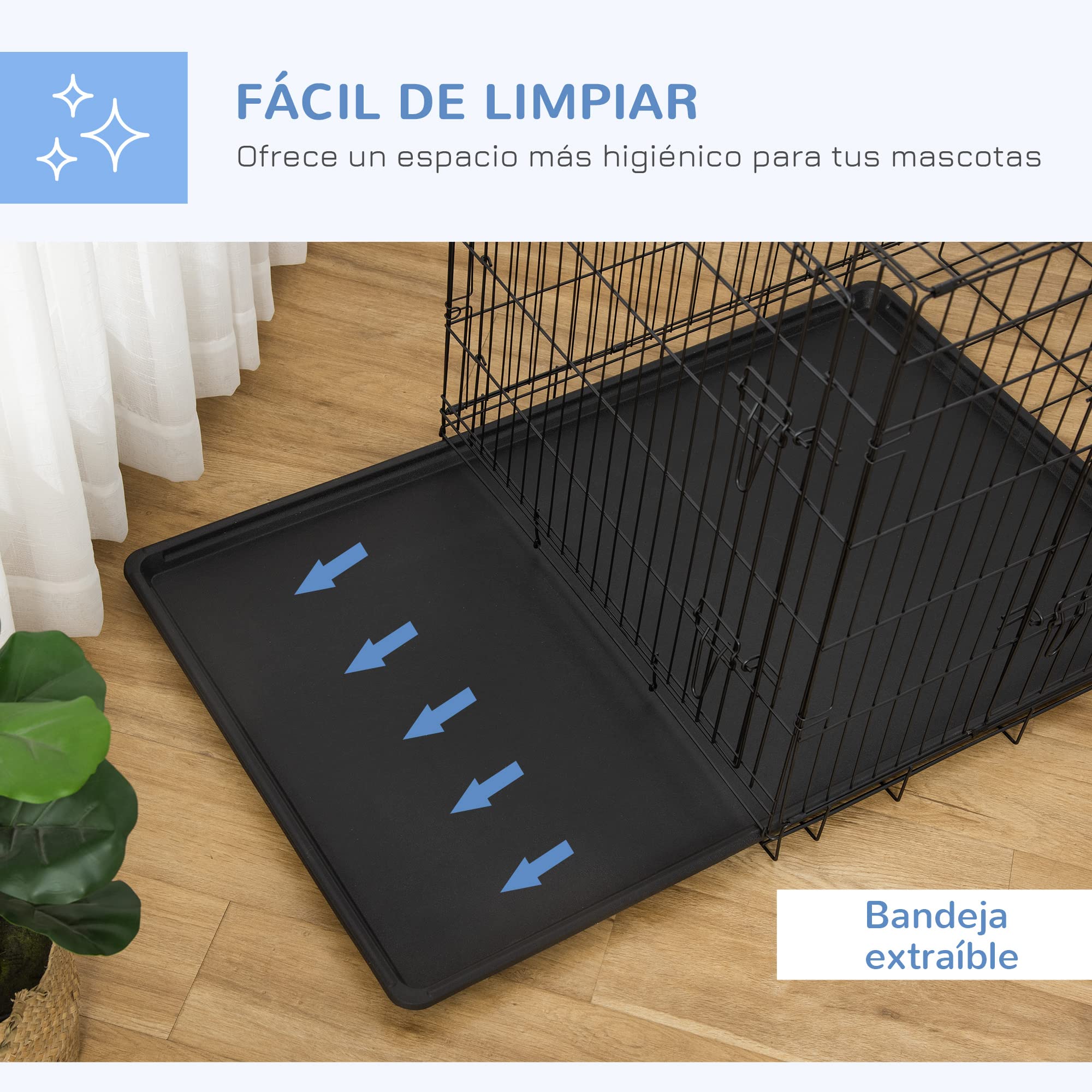 PawHut Transportín de Perro de 2 Puertas Jaula de Alambre para Perros Plegable con Asa Acero 106x71x76cm Negro