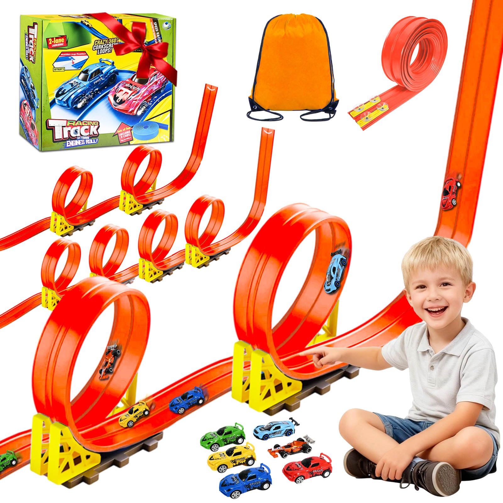Rennbahn Kinder 5M, Autorennbahn Flexible mit 6 Autos, Rennstrecke Auto Autobahn Kinder Rollt Auf Dual Rennbahn Rampen, Autorennbahn Race Car Track für 1/64th Autos, Geschenk ab 3+ Jahr(Orange)