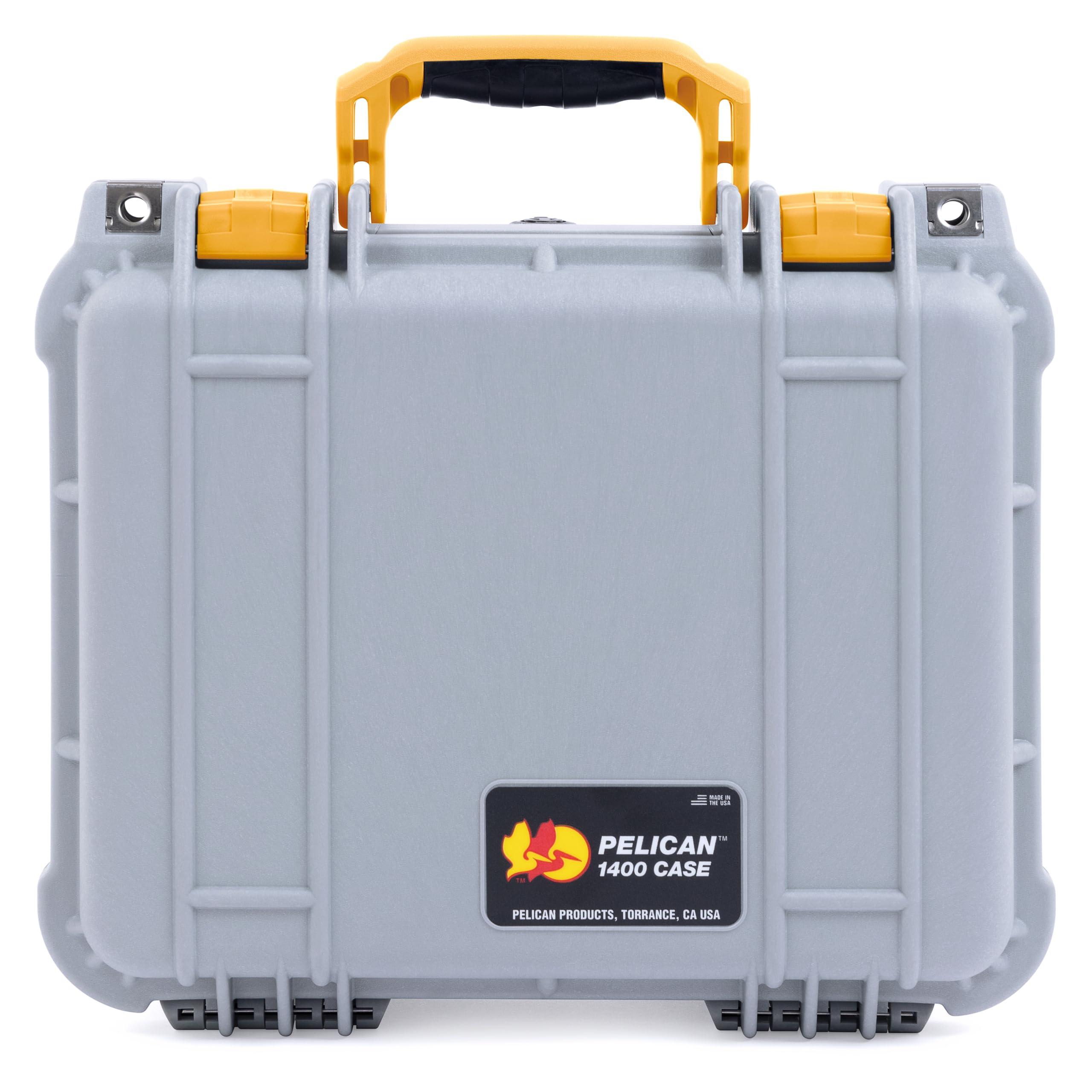 Pelican Protector 1400 Case by ColorCase - Silver - Medium Size Waterproof Case (Case Only) - Yellow Handles & Latches